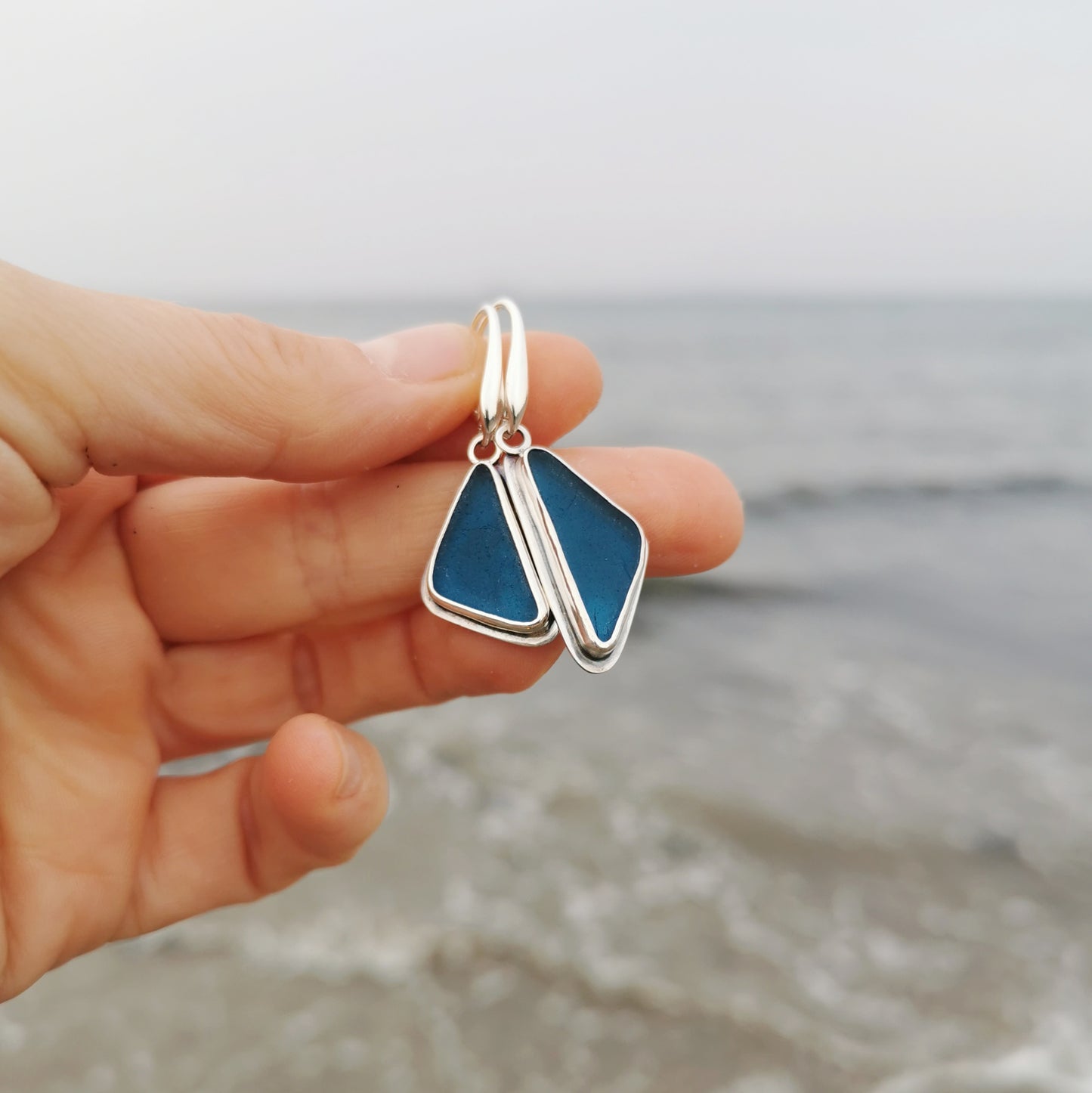 Mismatched teal sea glass & sterling silver earrings