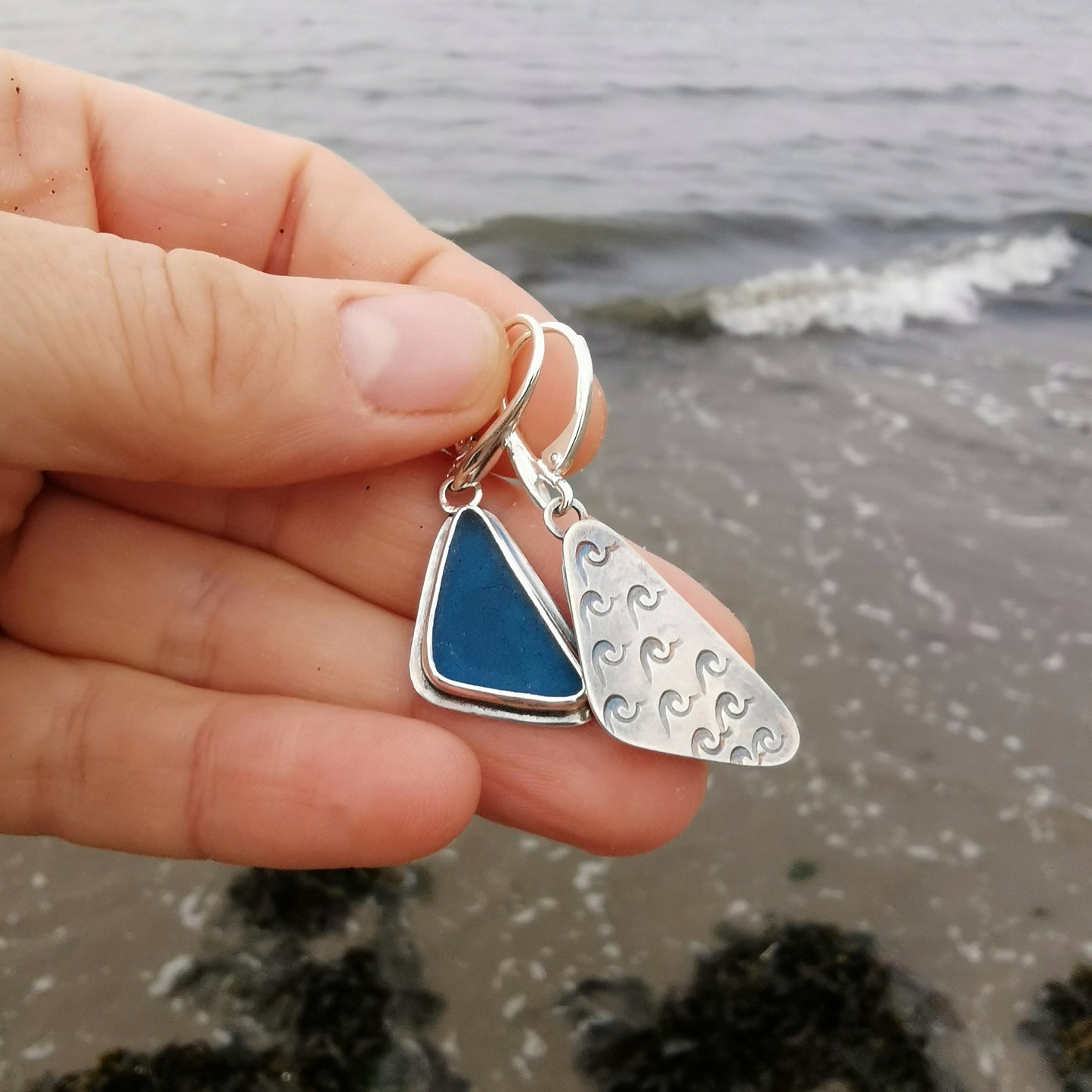 Mismatched teal sea glass & sterling silver earrings