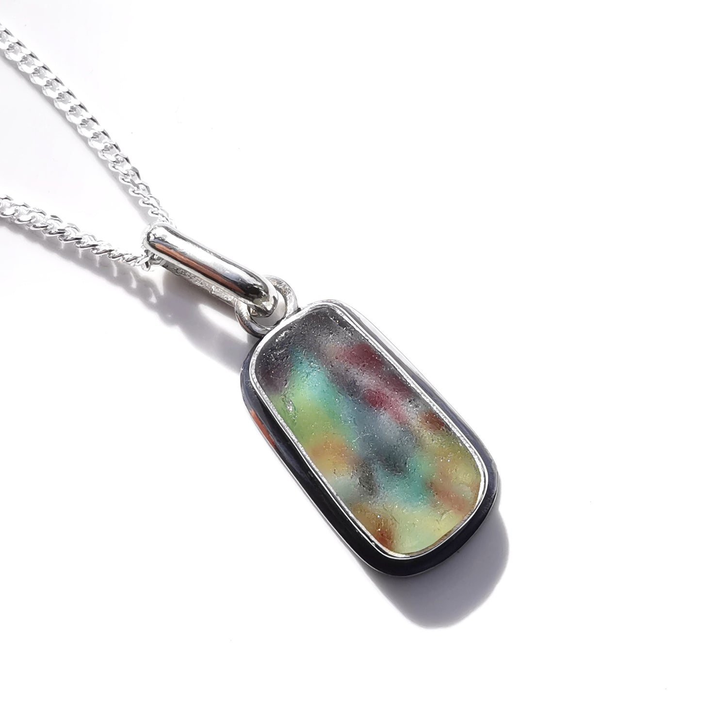 Scottish multi coloured sea glass & sterling silver pendant.