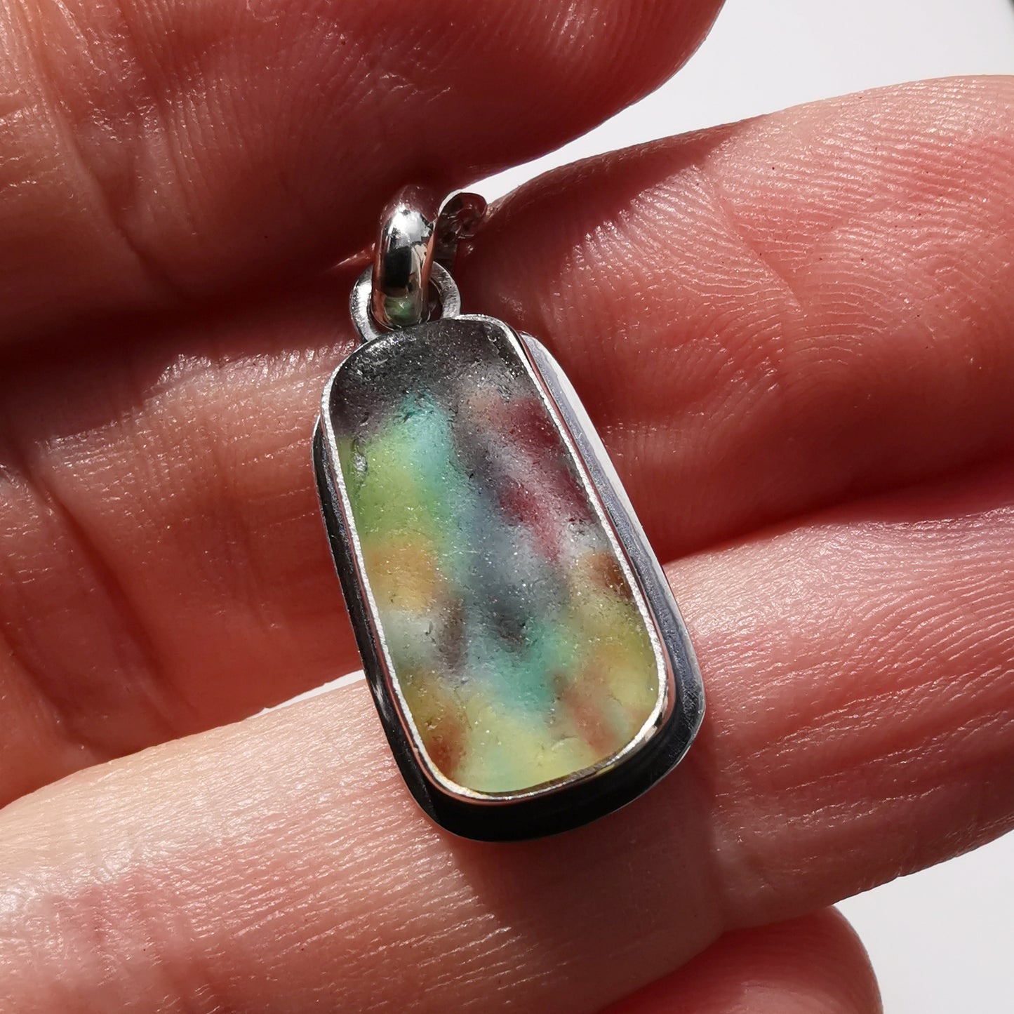Scottish multi coloured sea glass & sterling silver pendant.