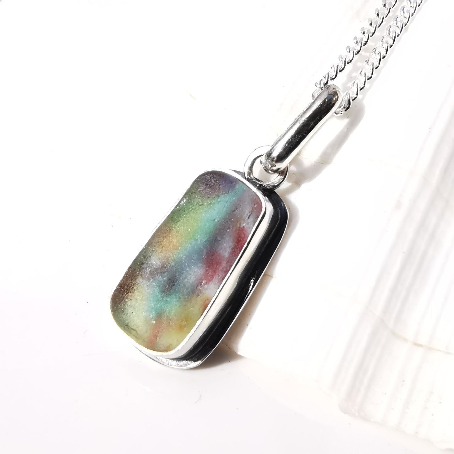 Scottish multi coloured sea glass & sterling silver pendant.
