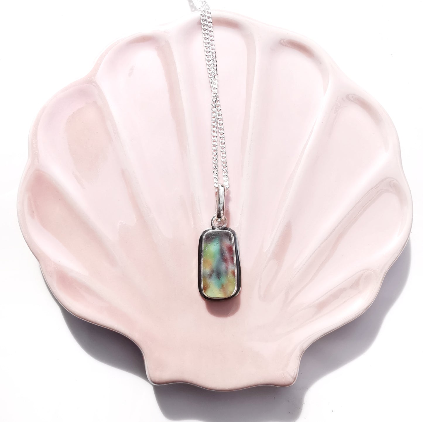 Scottish multi coloured sea glass & sterling silver pendant.