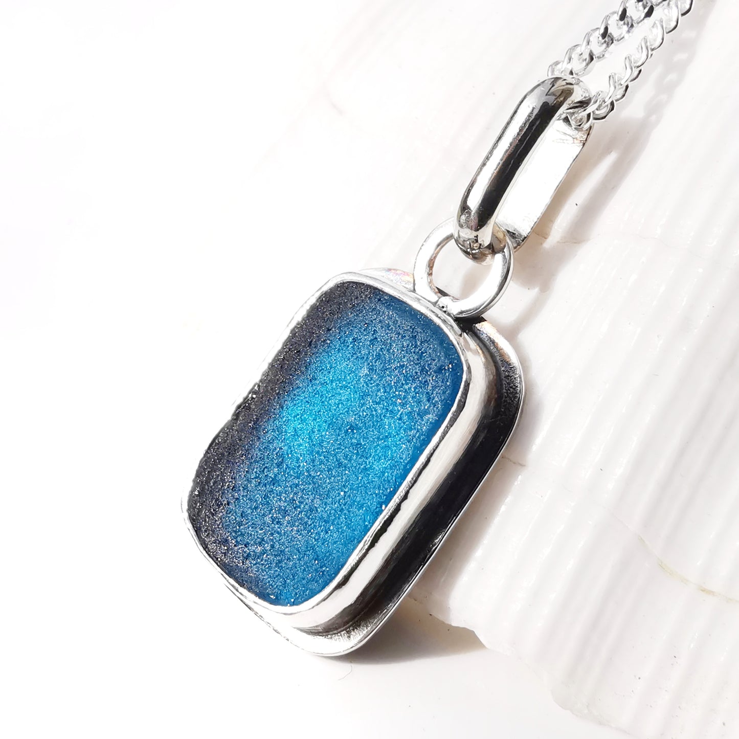 Scottish teal blue 'vitamin sea' sea glass & sterling silver pendant.