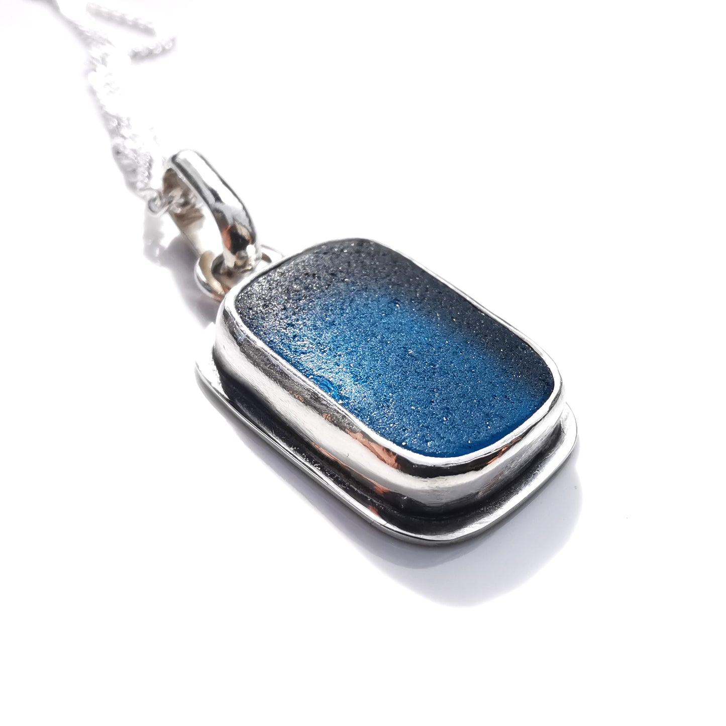 Scottish teal blue 'vitamin sea' sea glass & sterling silver pendant.