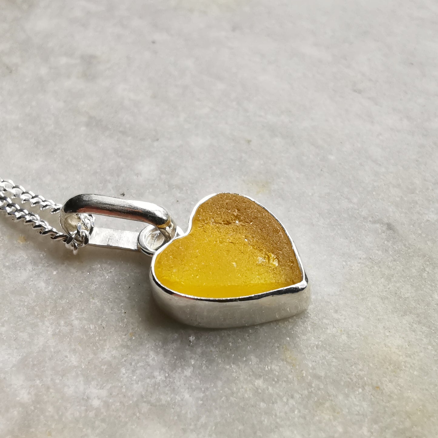 Scottish bright UV yellow sea glass heart & sterling silver pendant.