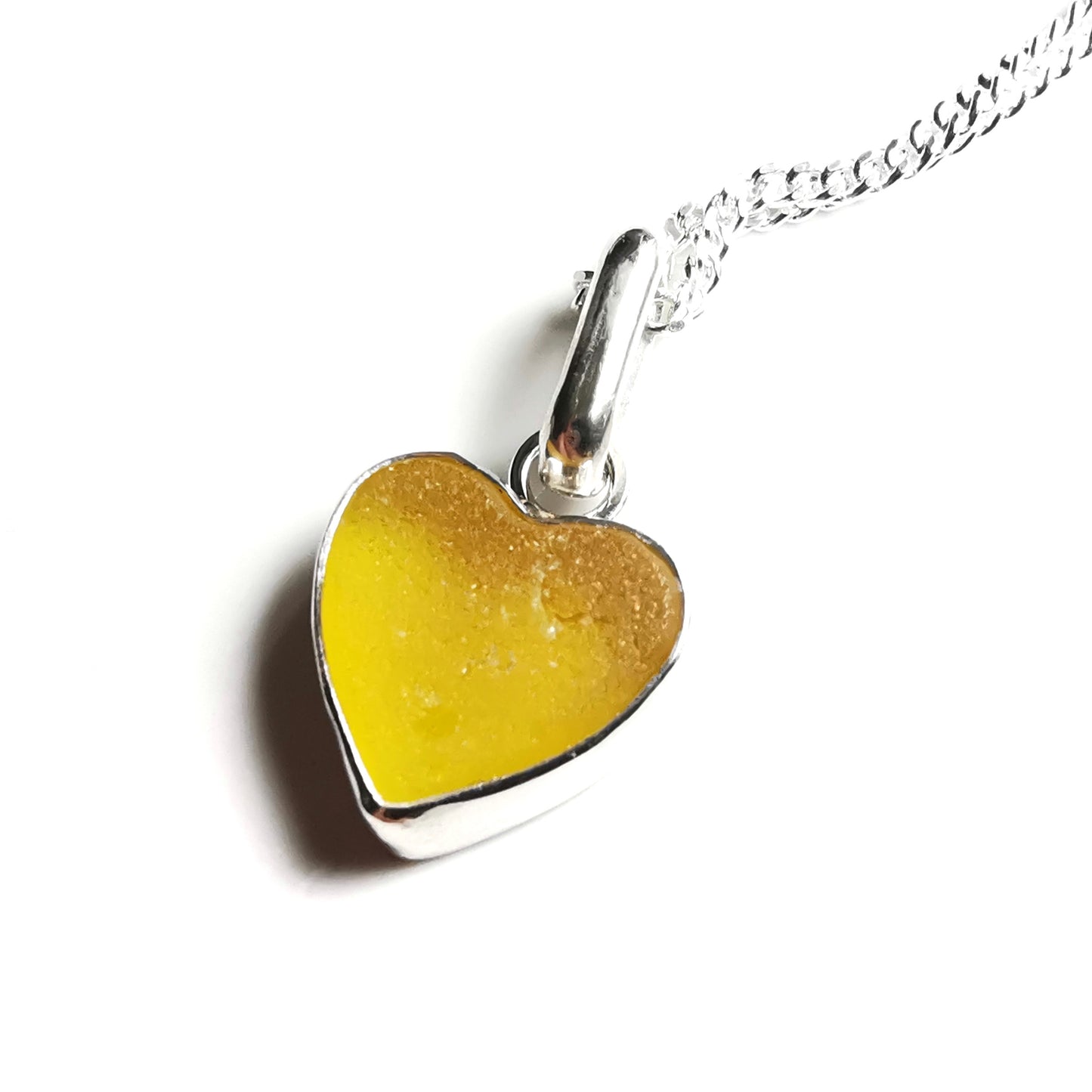 Scottish bright UV yellow sea glass heart & sterling silver pendant.