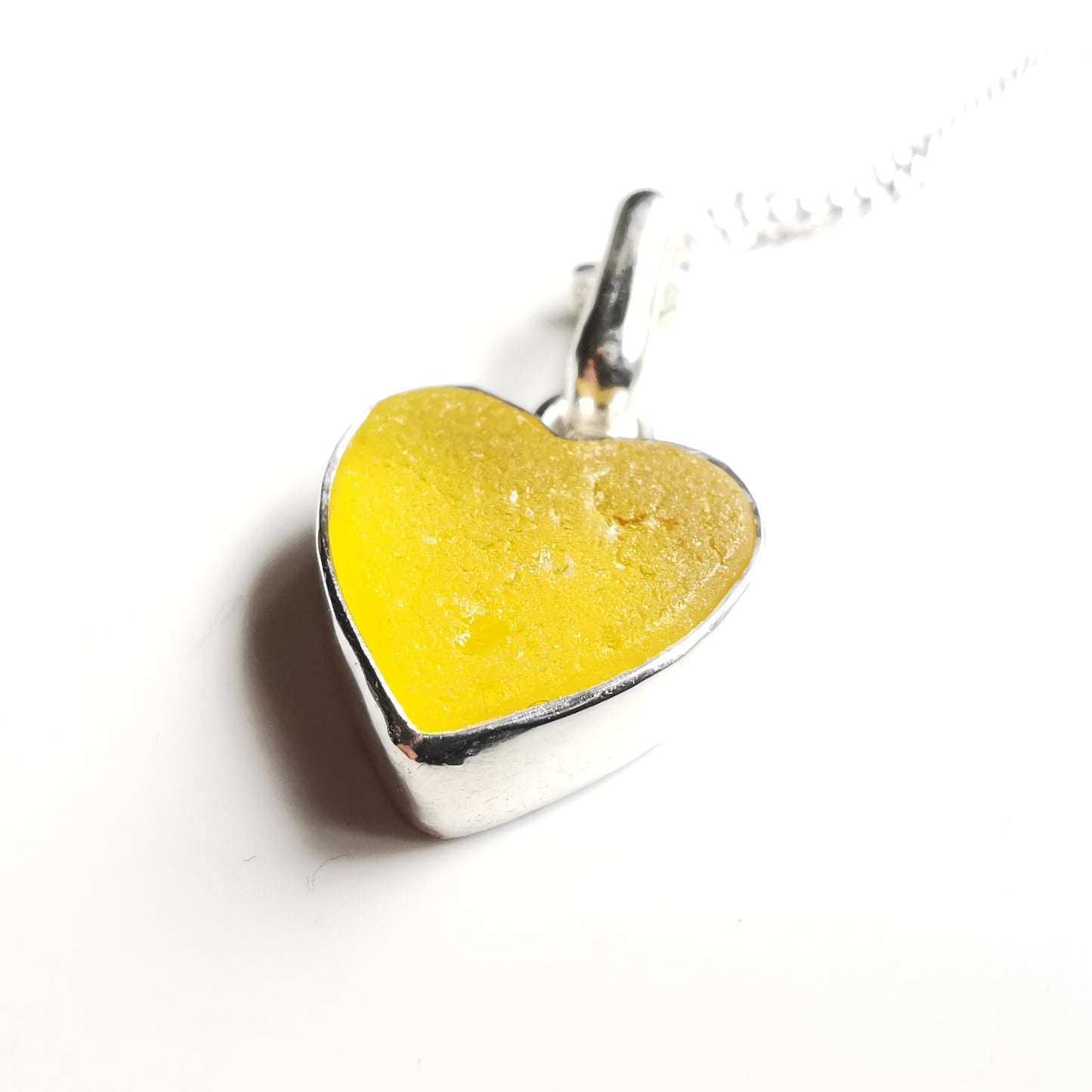 Scottish bright UV yellow sea glass heart & sterling silver pendant.