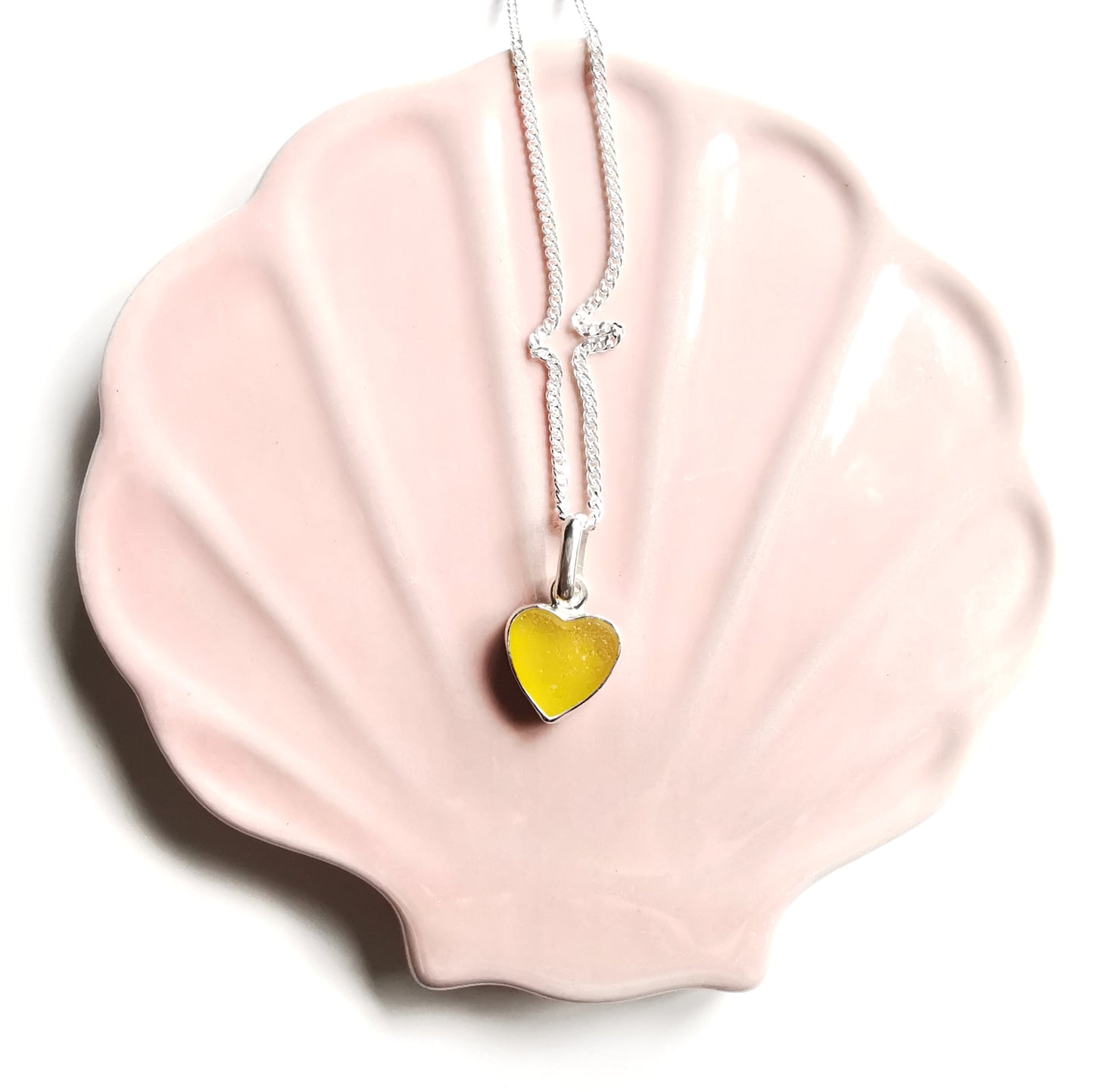 Scottish bright UV yellow sea glass heart & sterling silver pendant.