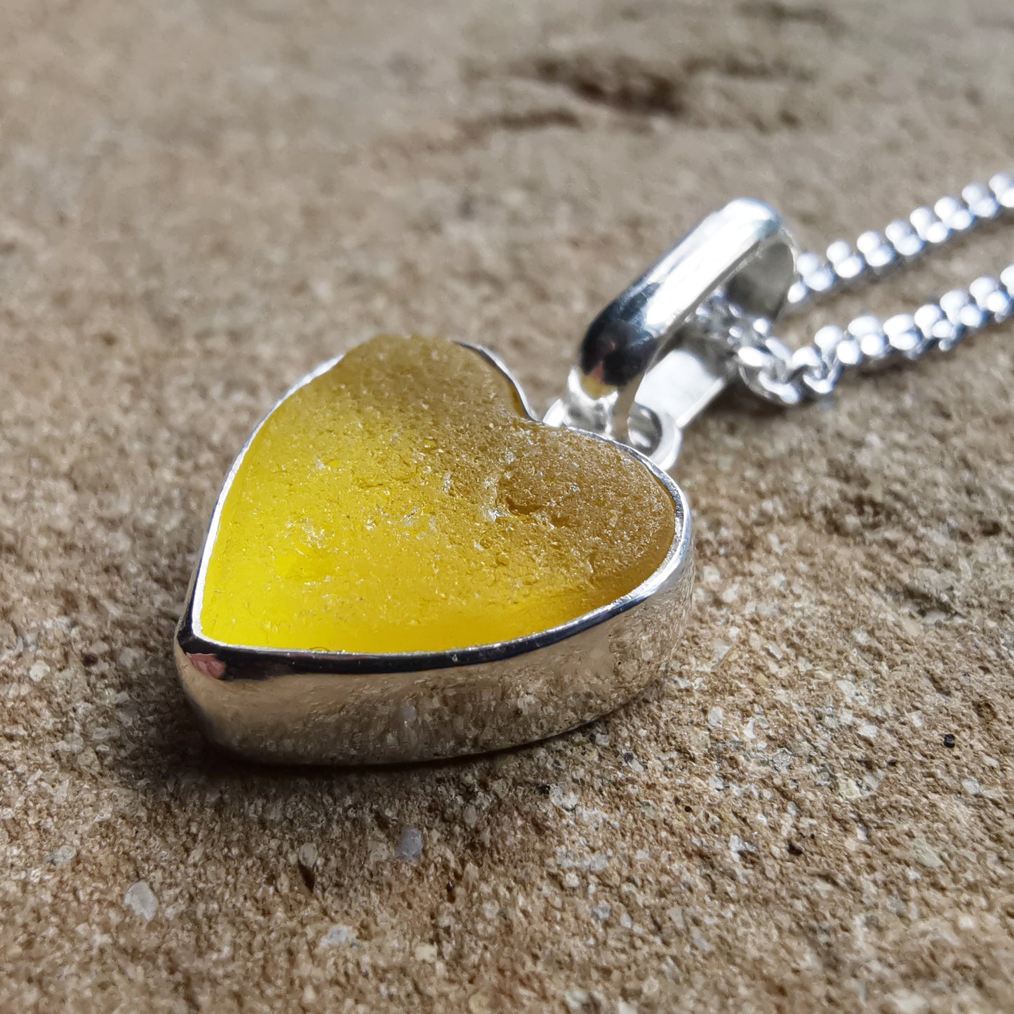 Scottish bright UV yellow sea glass heart & sterling silver pendant.