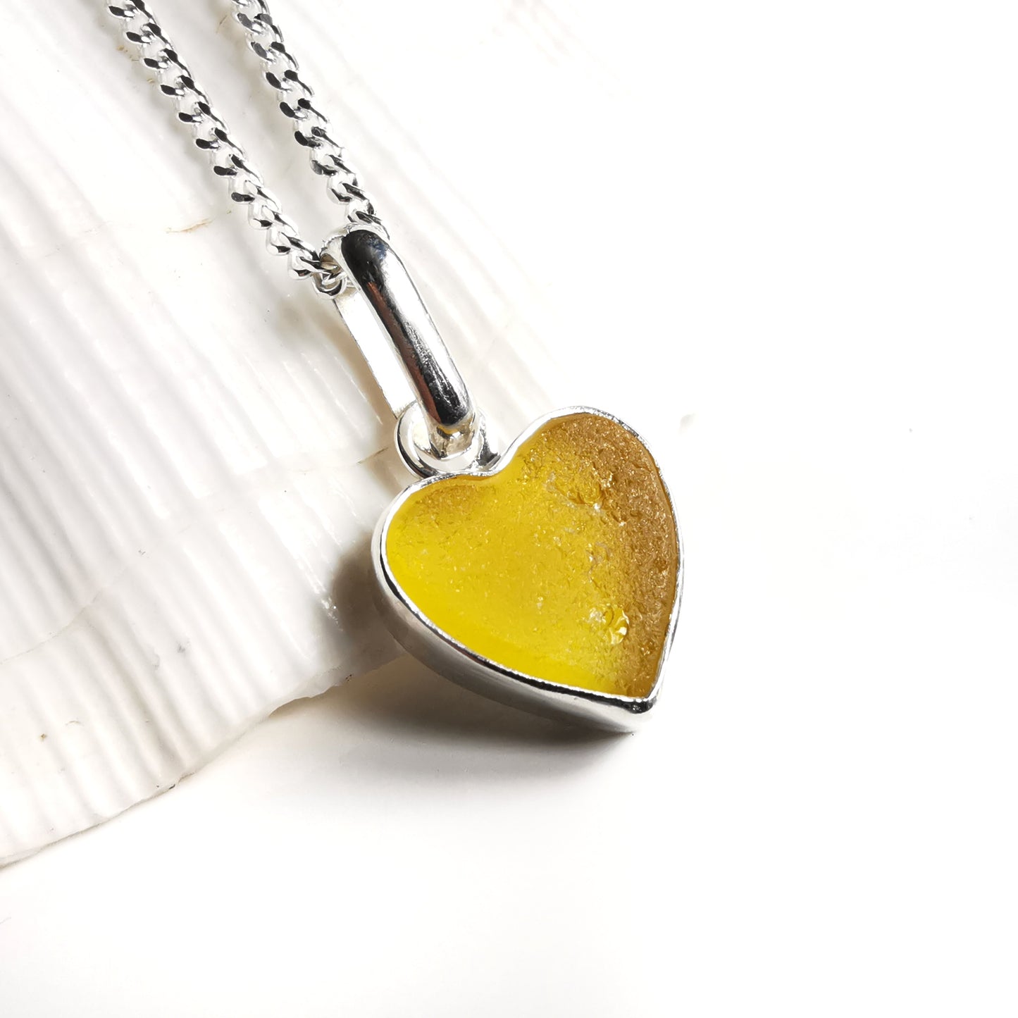 Scottish bright UV yellow sea glass heart & sterling silver pendant.