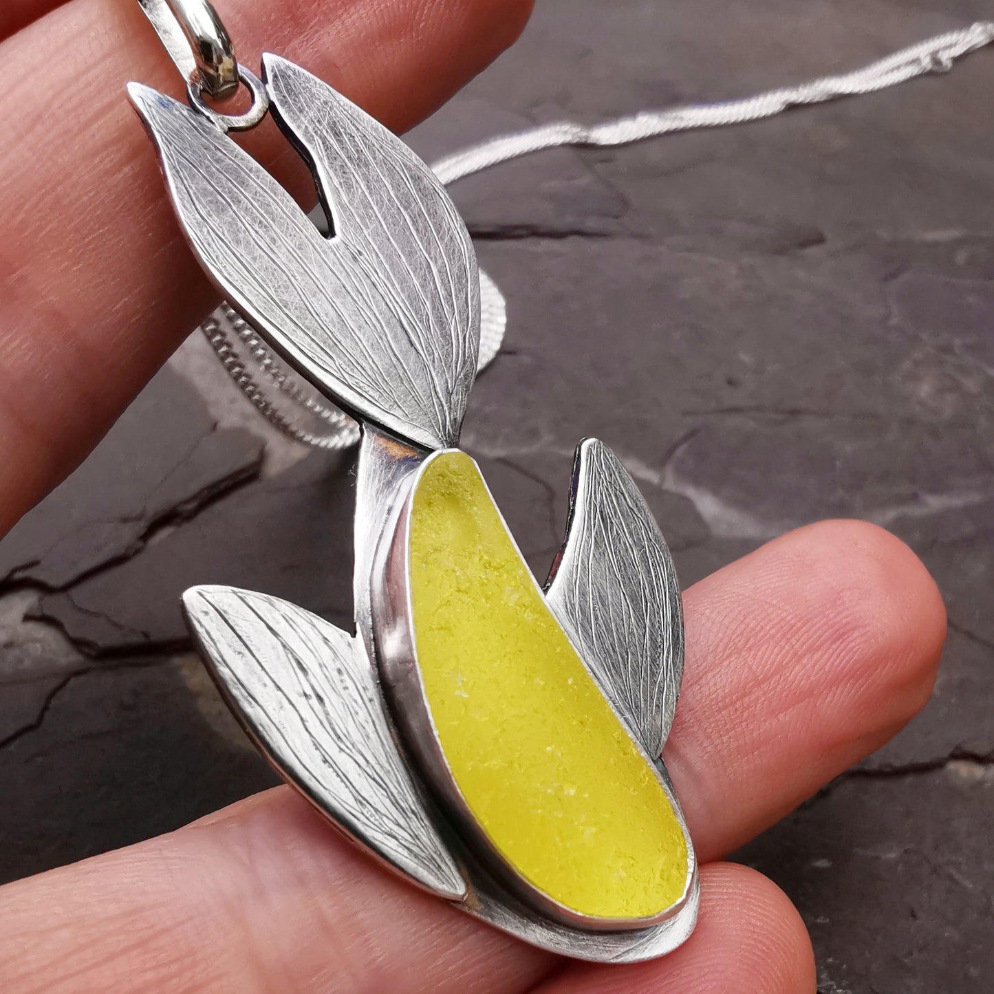 Reserved for Gatia. Scottish fish UV bright yellow sea glass & sterling silver pendant.