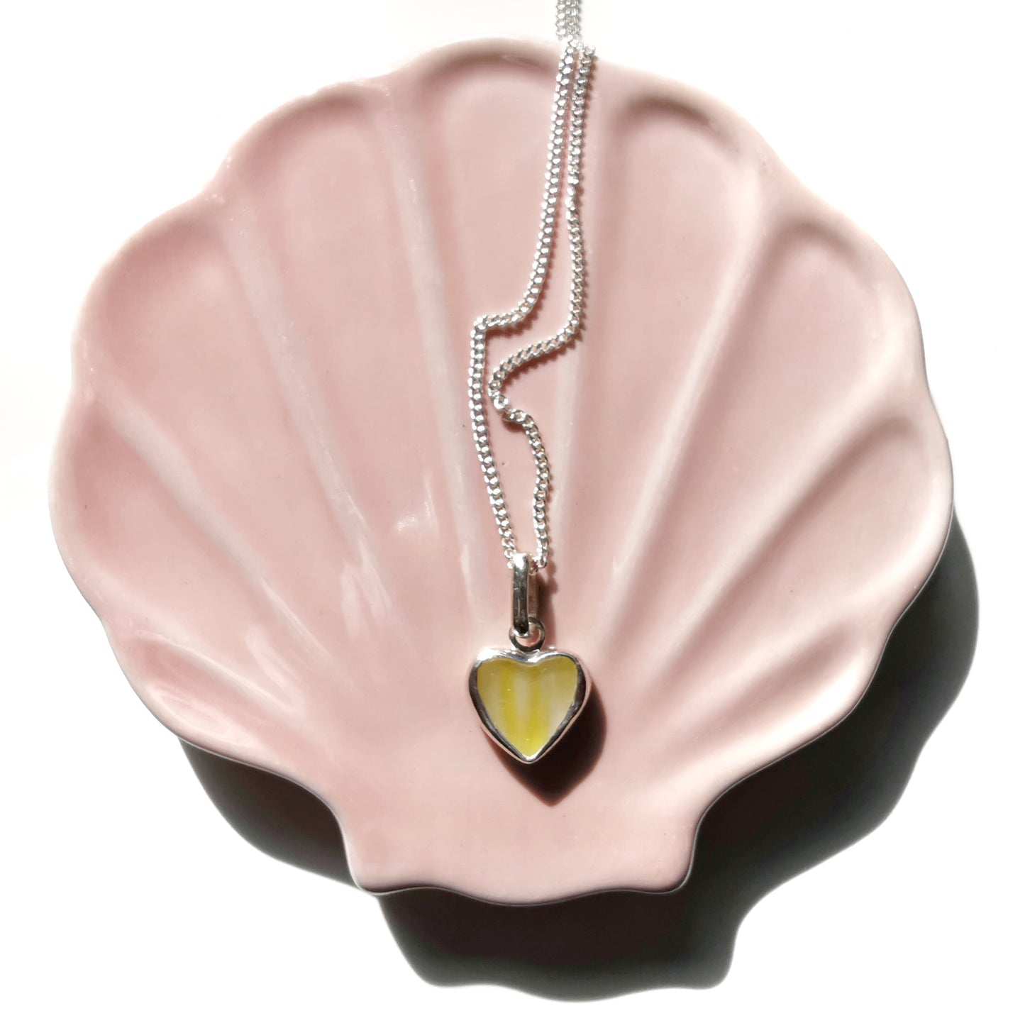 Scottish yellow and white sea glass heart & sterling silver pendant.