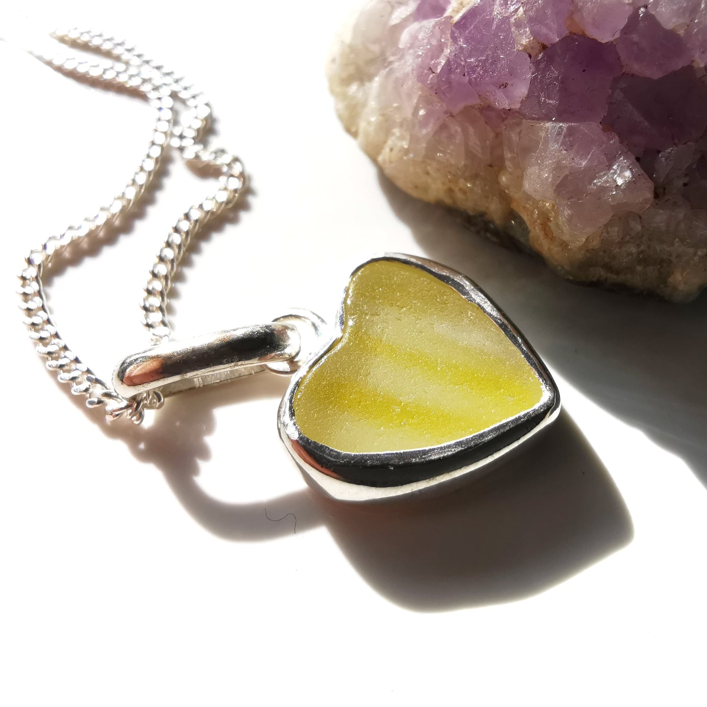 Scottish yellow and white sea glass heart & sterling silver pendant.