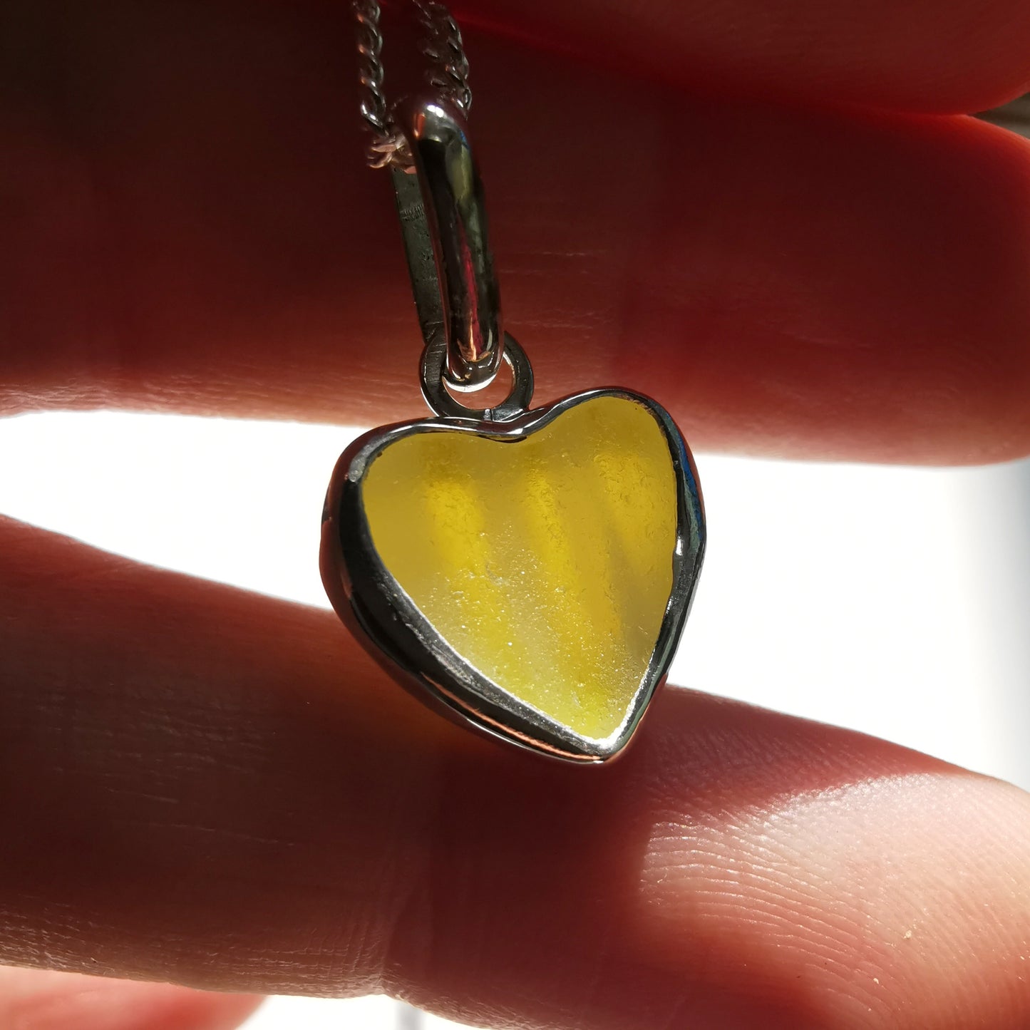 Scottish yellow and white sea glass heart & sterling silver pendant.