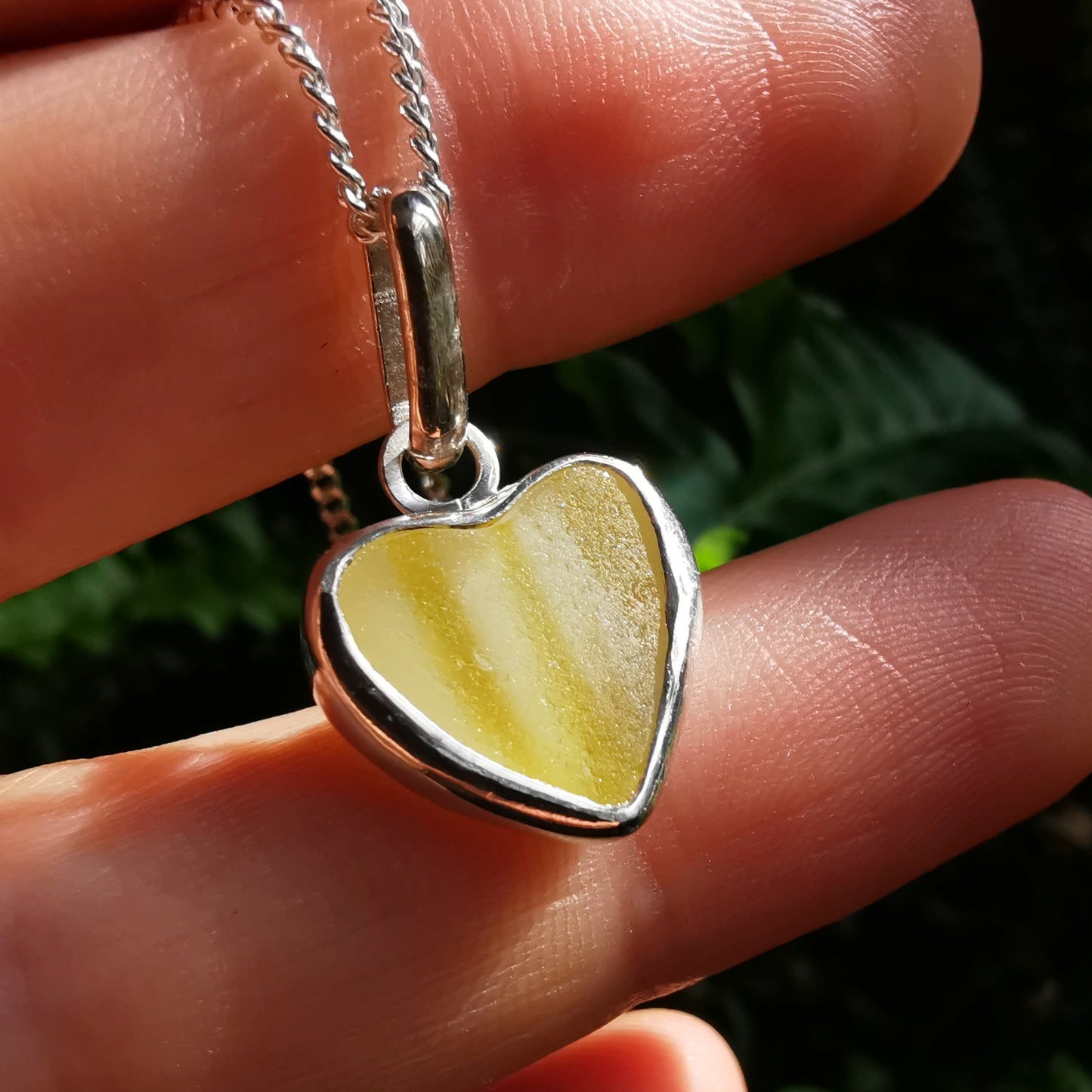 Scottish yellow and white sea glass heart & sterling silver pendant.