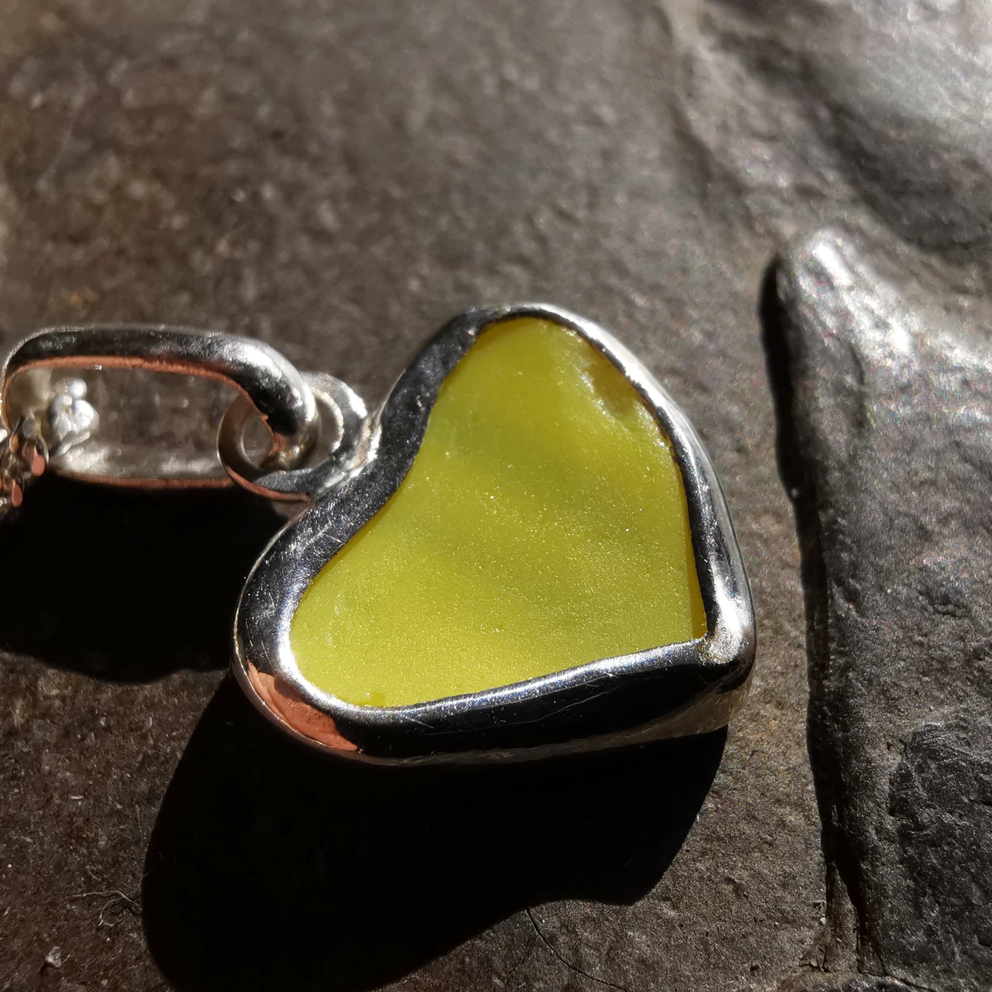 Scottish yellow and white sea glass heart & sterling silver pendant.