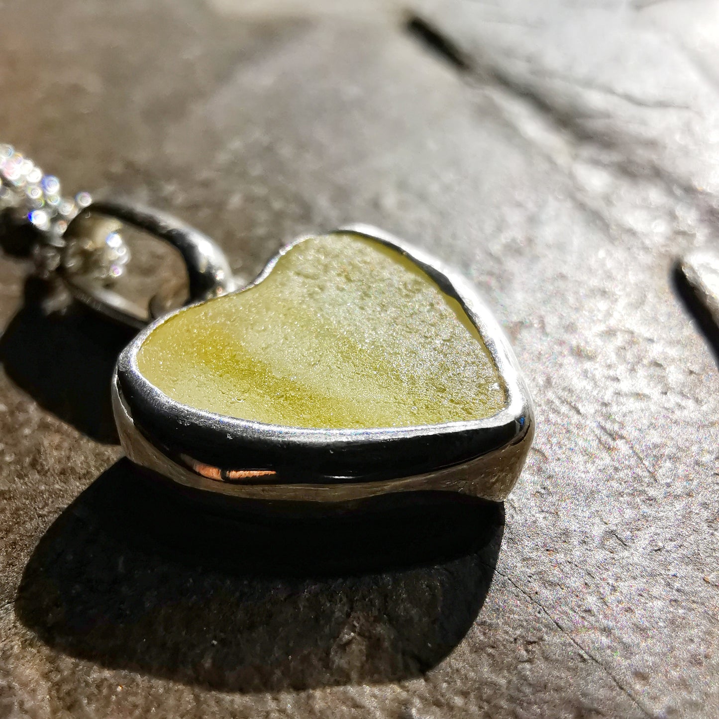 Scottish yellow and white sea glass heart & sterling silver pendant.