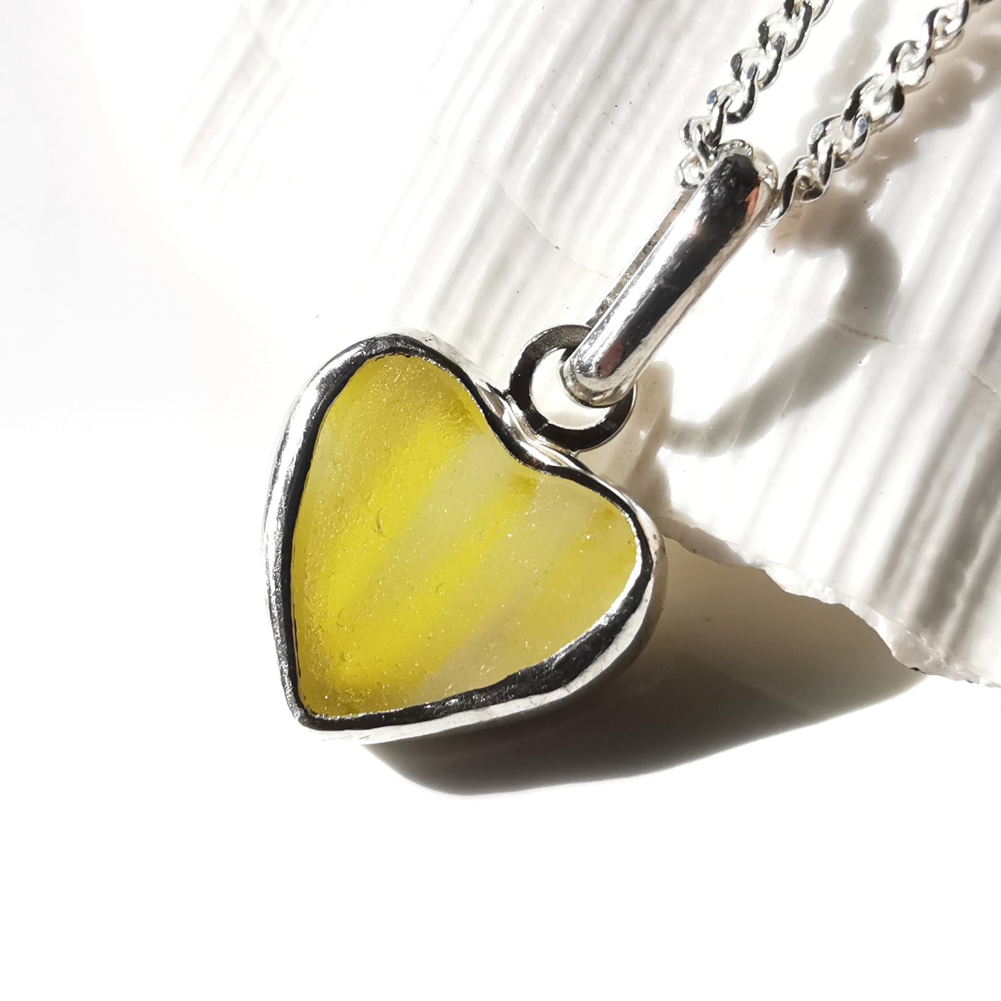 Scottish yellow and white sea glass heart & sterling silver pendant.