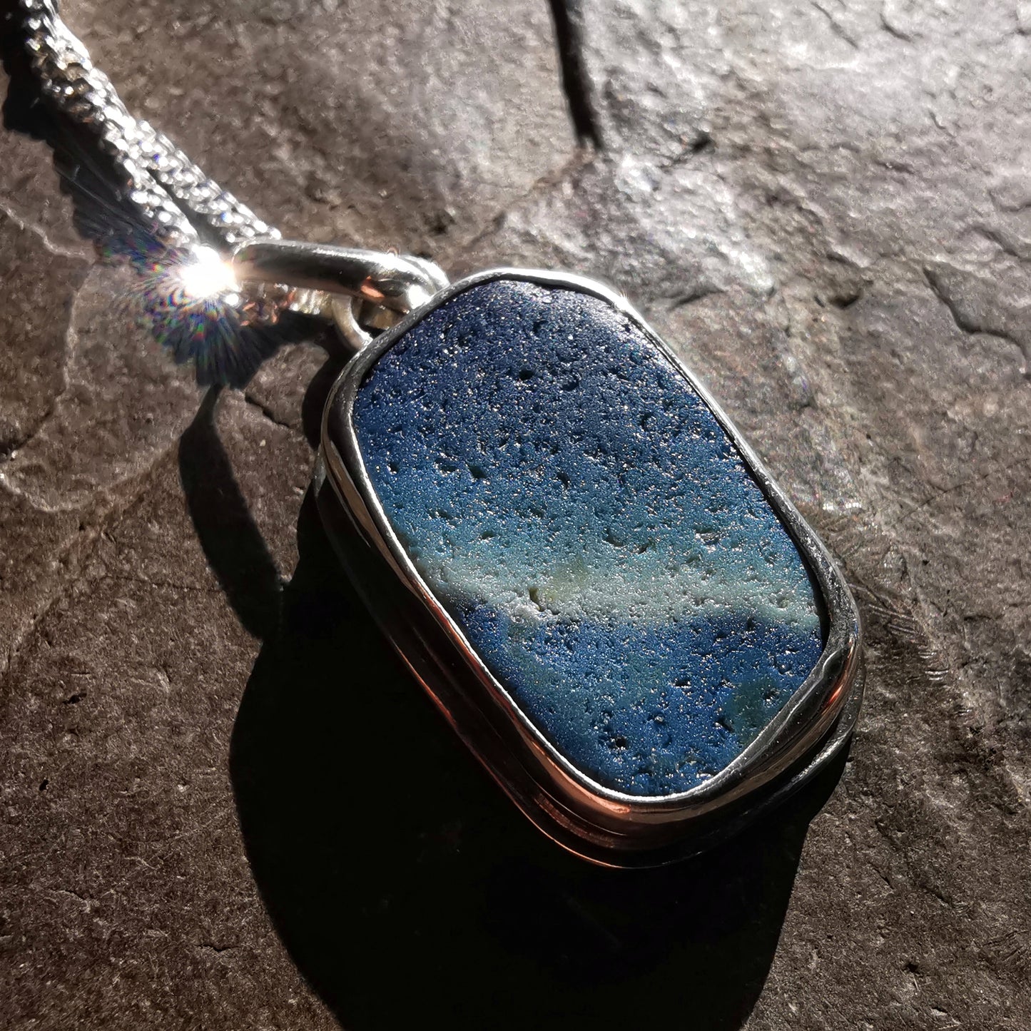 Scottish blue multi sea glass & sterling silver pendant.