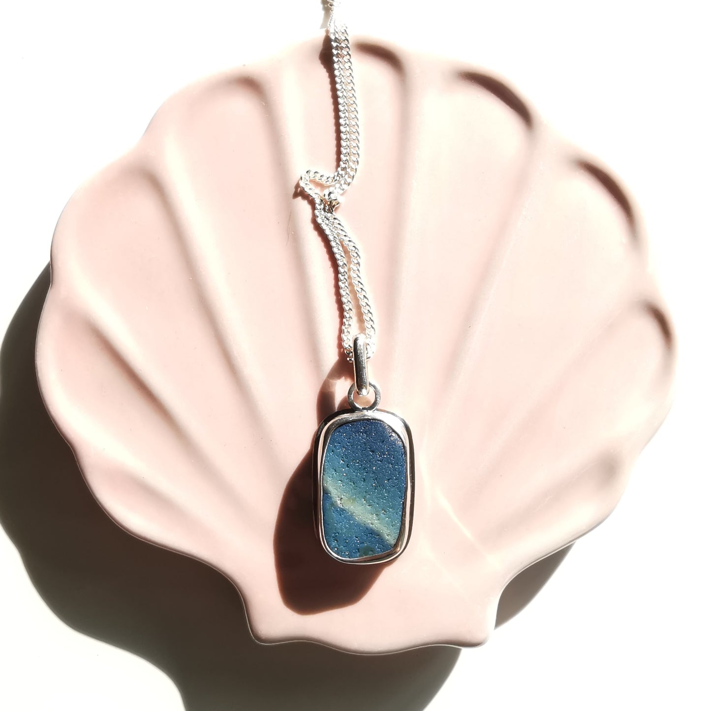 Scottish blue multi sea glass & sterling silver pendant.