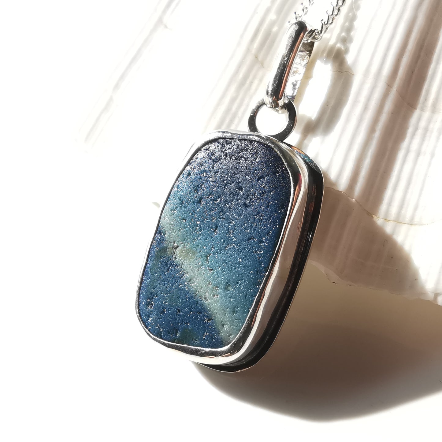 Scottish blue multi sea glass & sterling silver pendant.