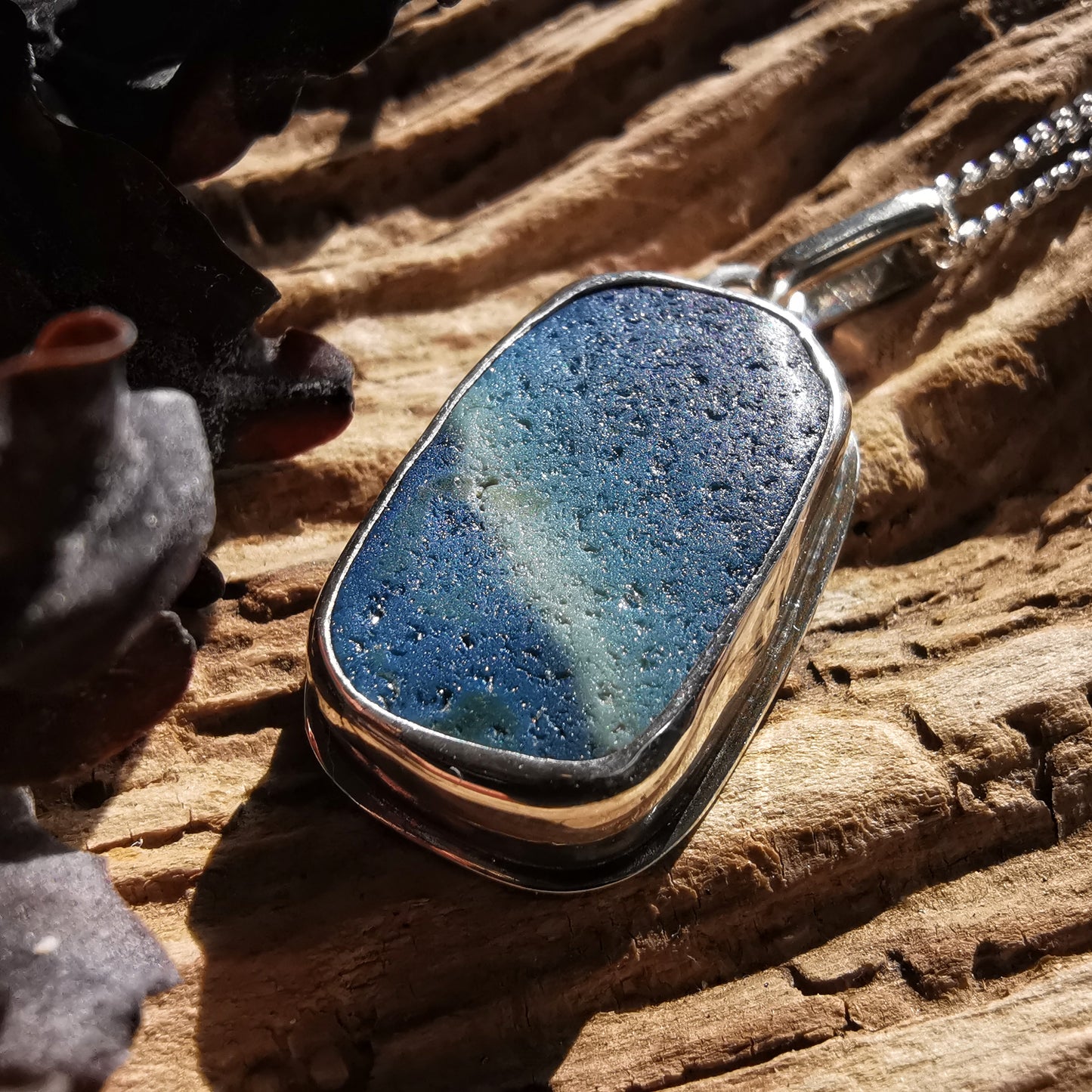 Scottish blue multi sea glass & sterling silver pendant.