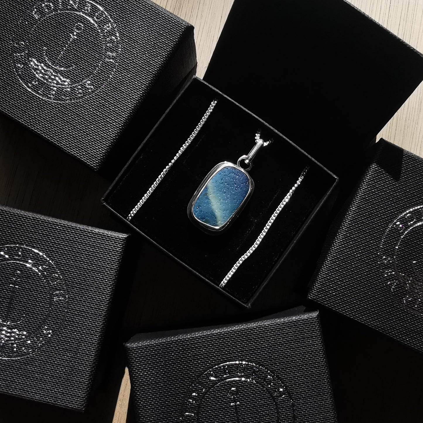 Scottish blue multi sea glass & sterling silver pendant.