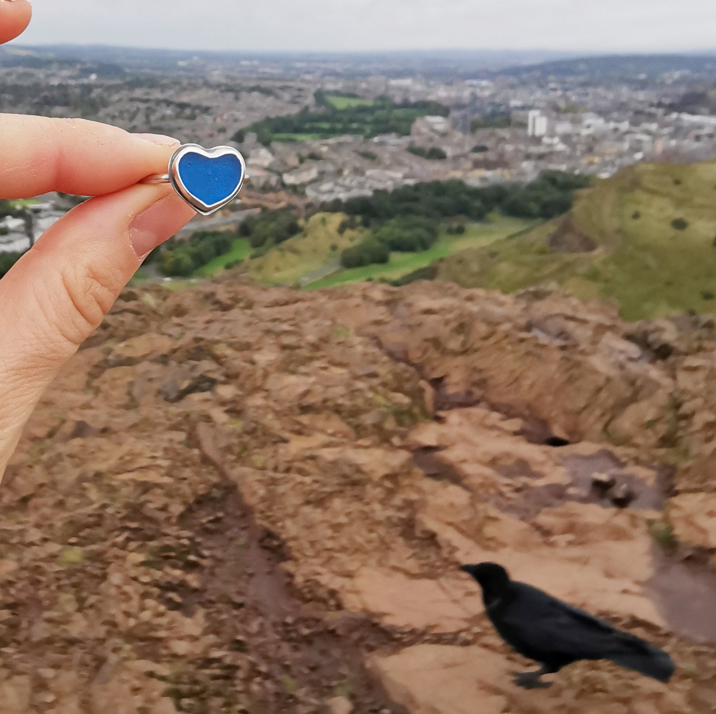 Scottish blue sea glass heart, adjustable sterling silver ring.