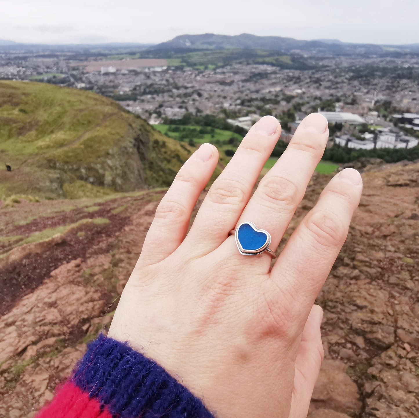 Scottish blue sea glass heart, adjustable sterling silver ring.