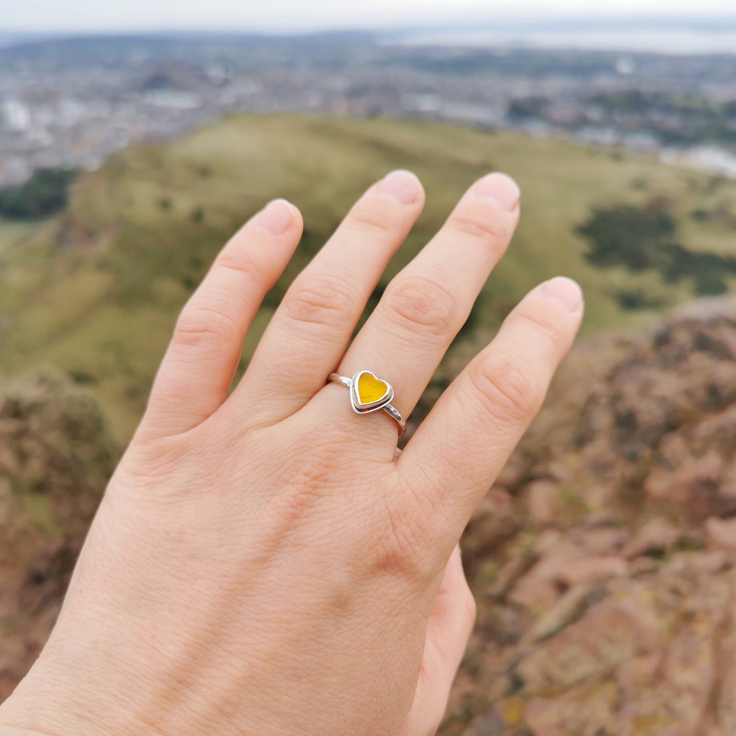 Tiny Scottish yellow UV sea glass heart, adjustable sterling silver ring.