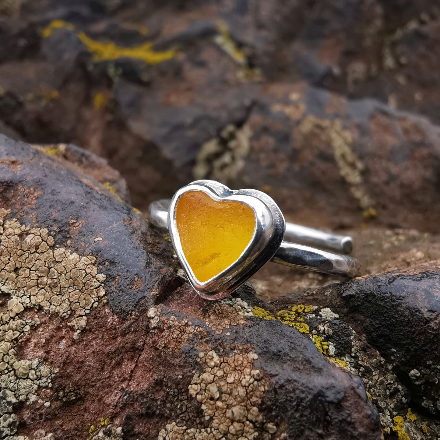 Tiny Scottish yellow UV sea glass heart, adjustable sterling silver ring.