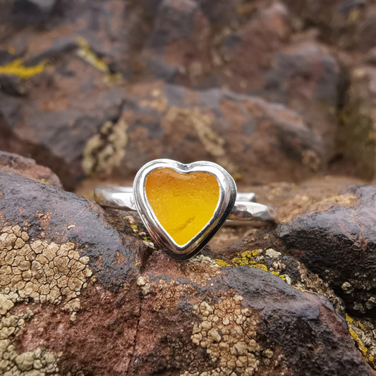 Tiny Scottish yellow UV sea glass heart, adjustable sterling silver ring.