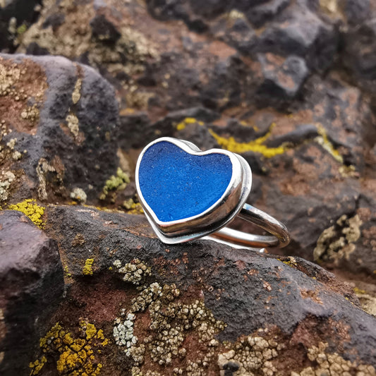 Scottish blue sea glass heart, adjustable sterling silver ring.