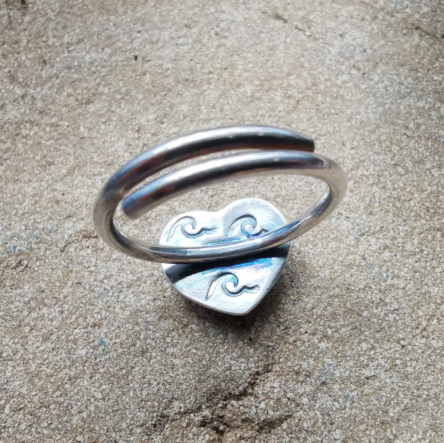 Scottish blue sea glass heart, adjustable sterling silver ring.