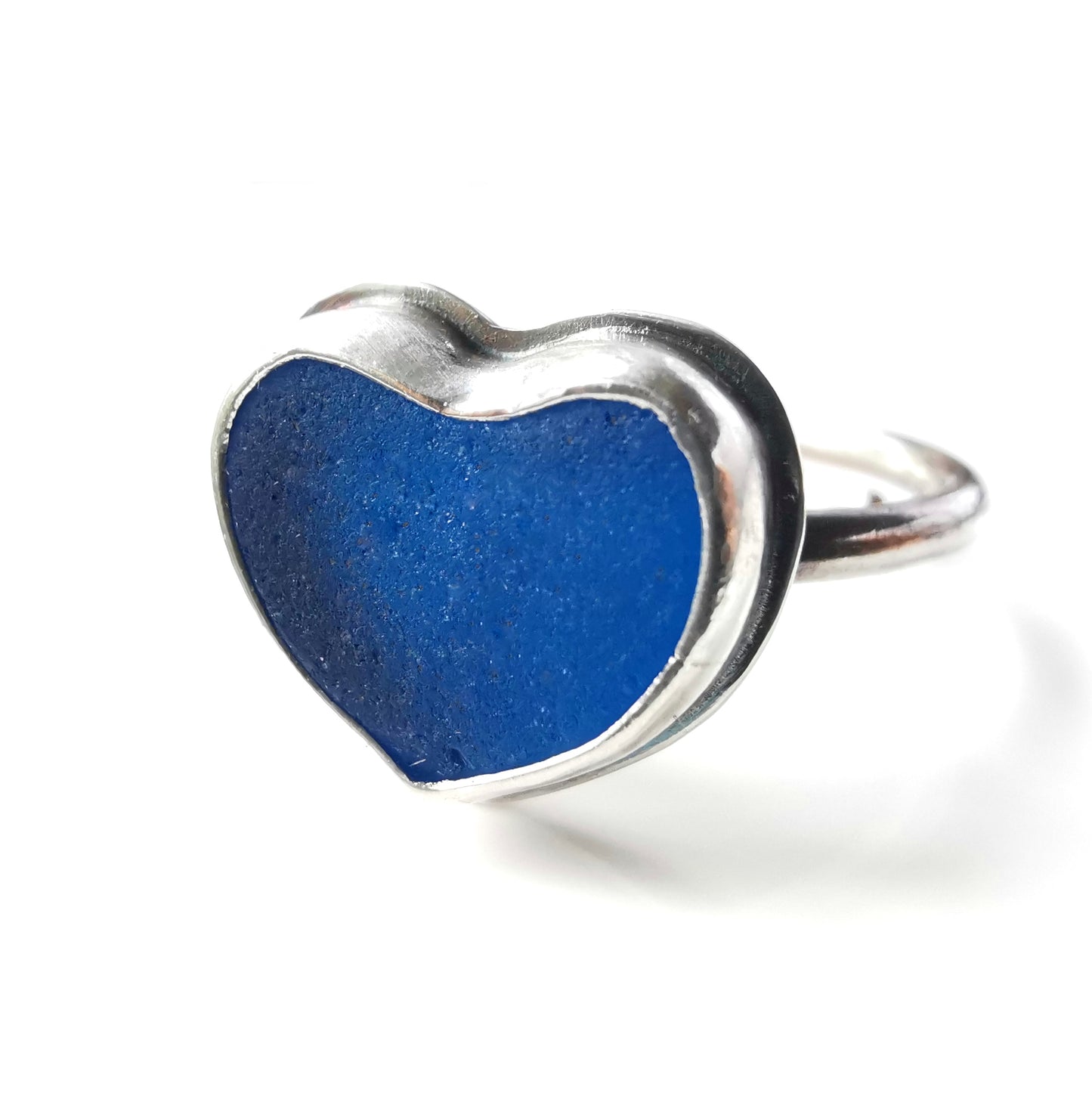 Scottish blue sea glass heart, adjustable sterling silver ring.