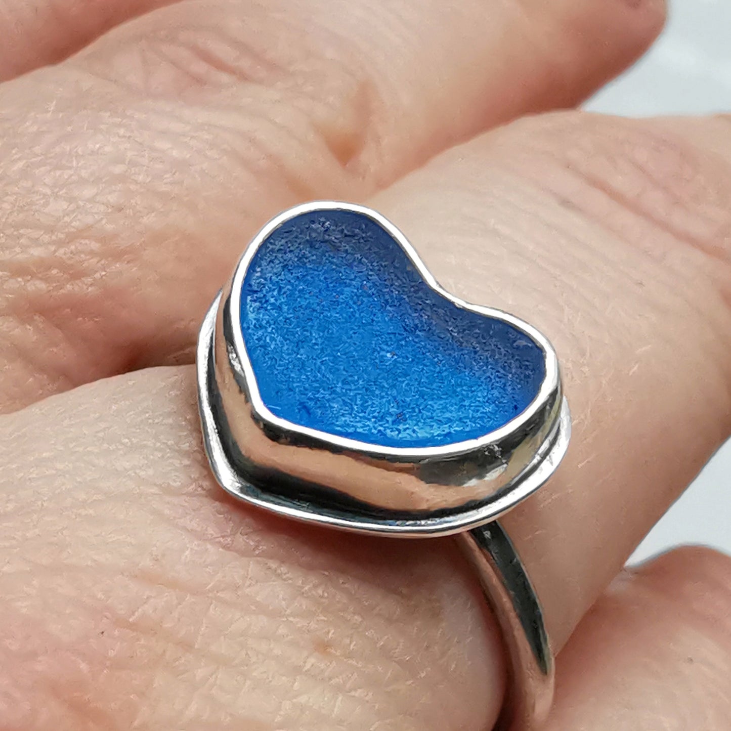 Scottish blue sea glass heart, adjustable sterling silver ring.