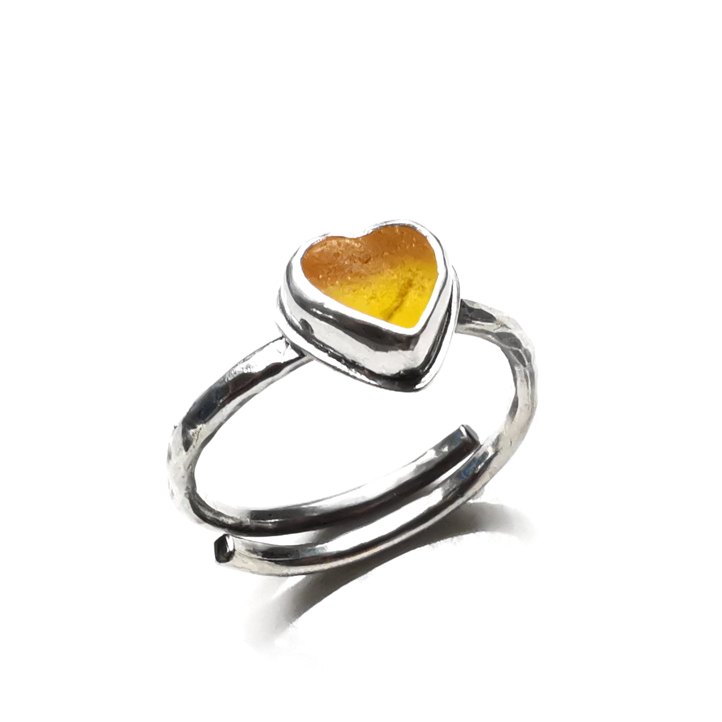 Tiny Scottish yellow UV sea glass heart, adjustable sterling silver ring.