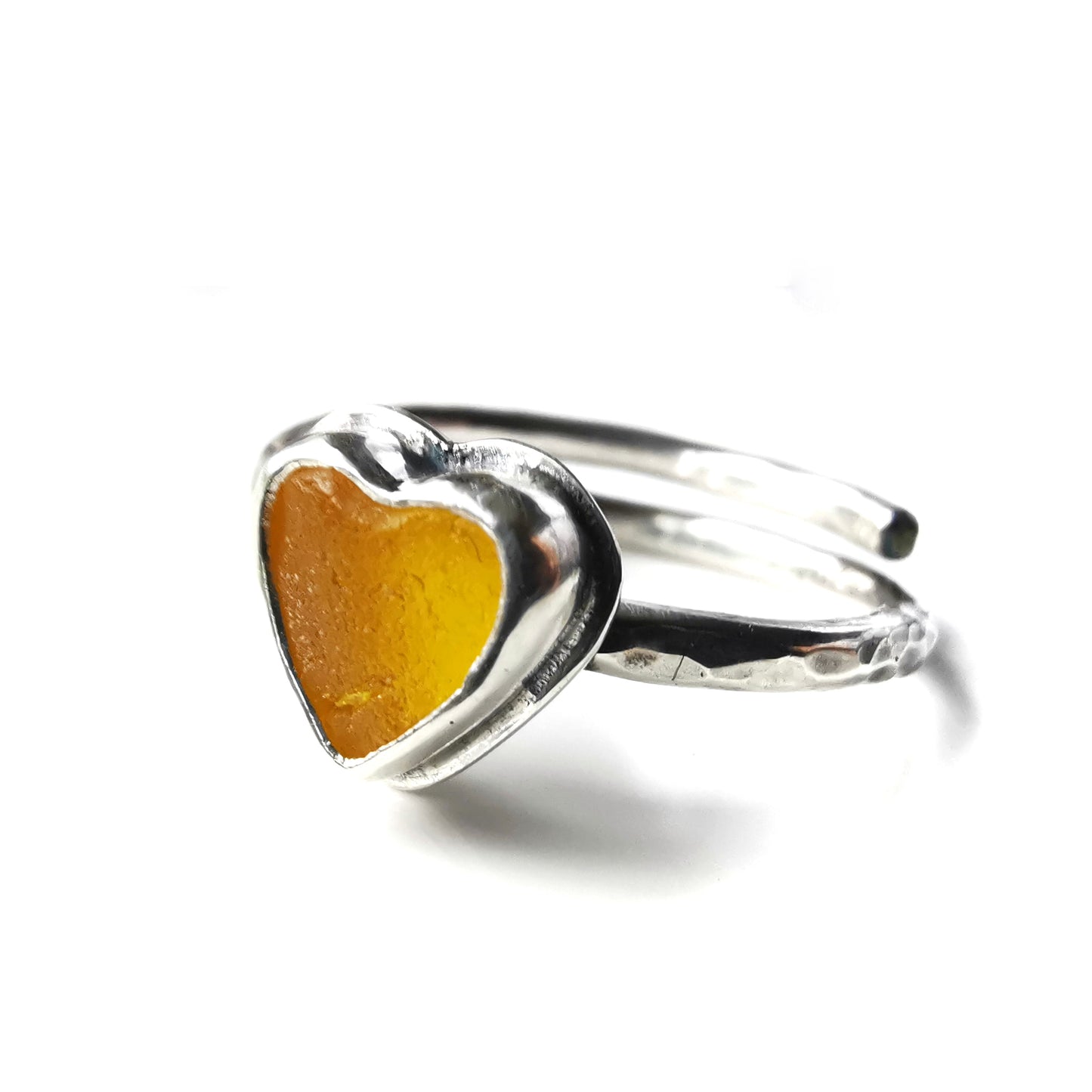 Tiny Scottish yellow UV sea glass heart, adjustable sterling silver ring.