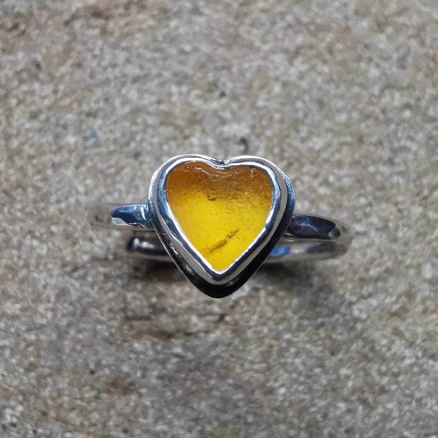 Tiny Scottish yellow UV sea glass heart, adjustable sterling silver ring.