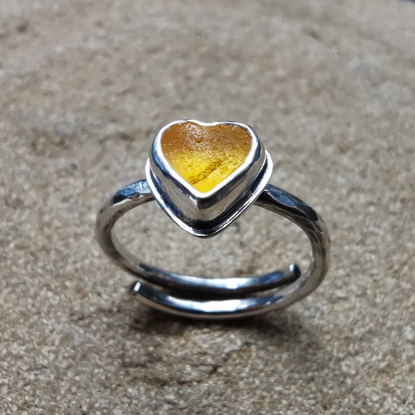 Tiny Scottish yellow UV sea glass heart, adjustable sterling silver ring.