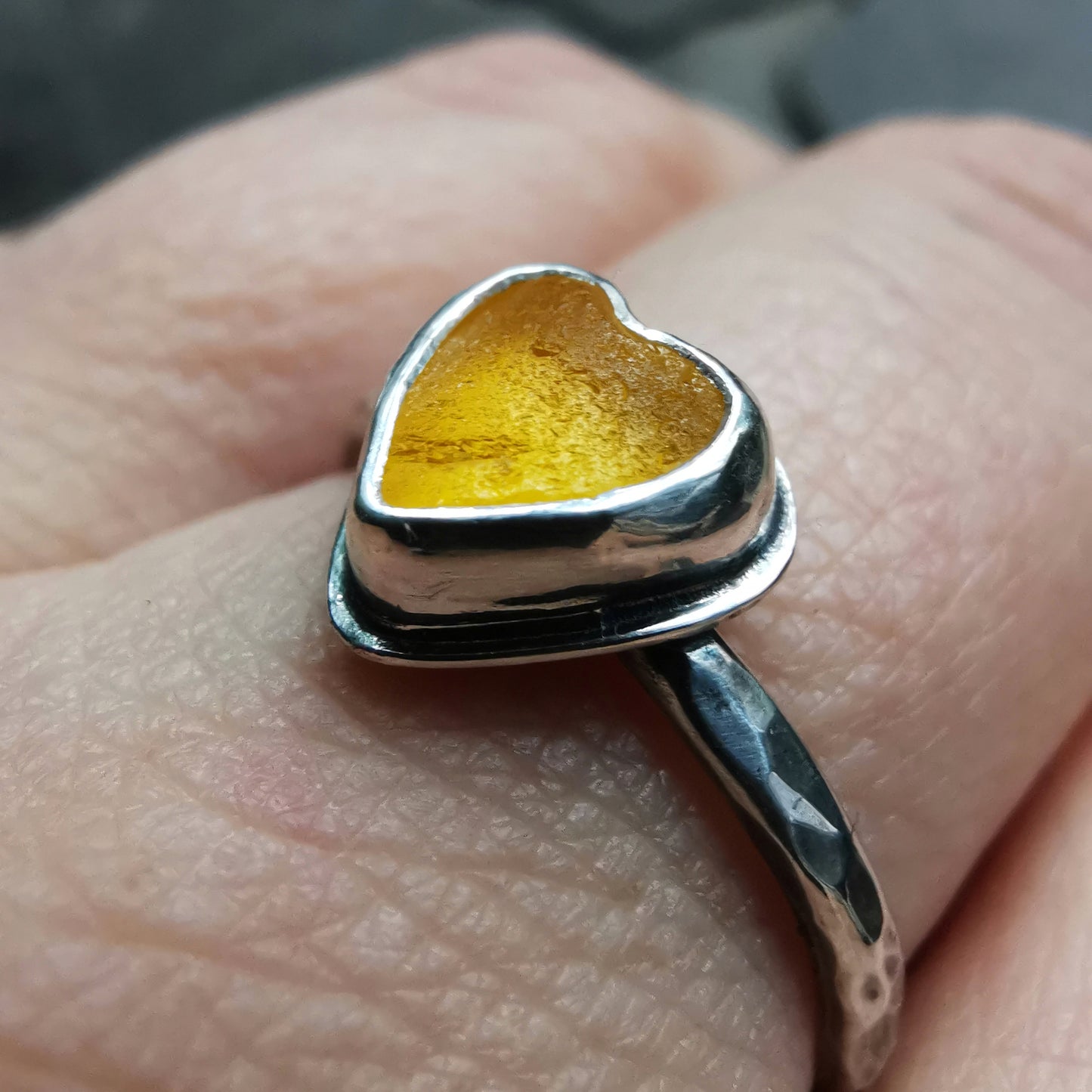 Tiny Scottish yellow UV sea glass heart, adjustable sterling silver ring.