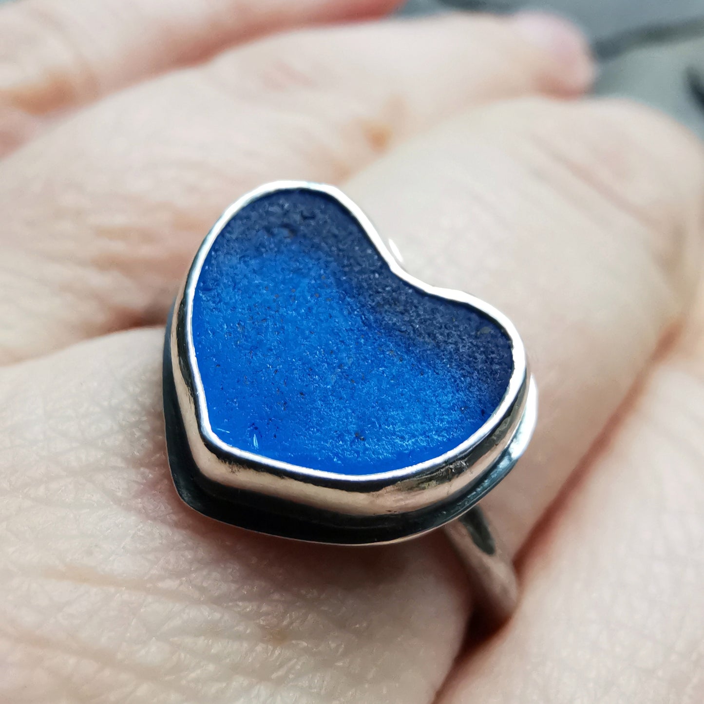 Scottish blue sea glass heart, adjustable sterling silver ring.