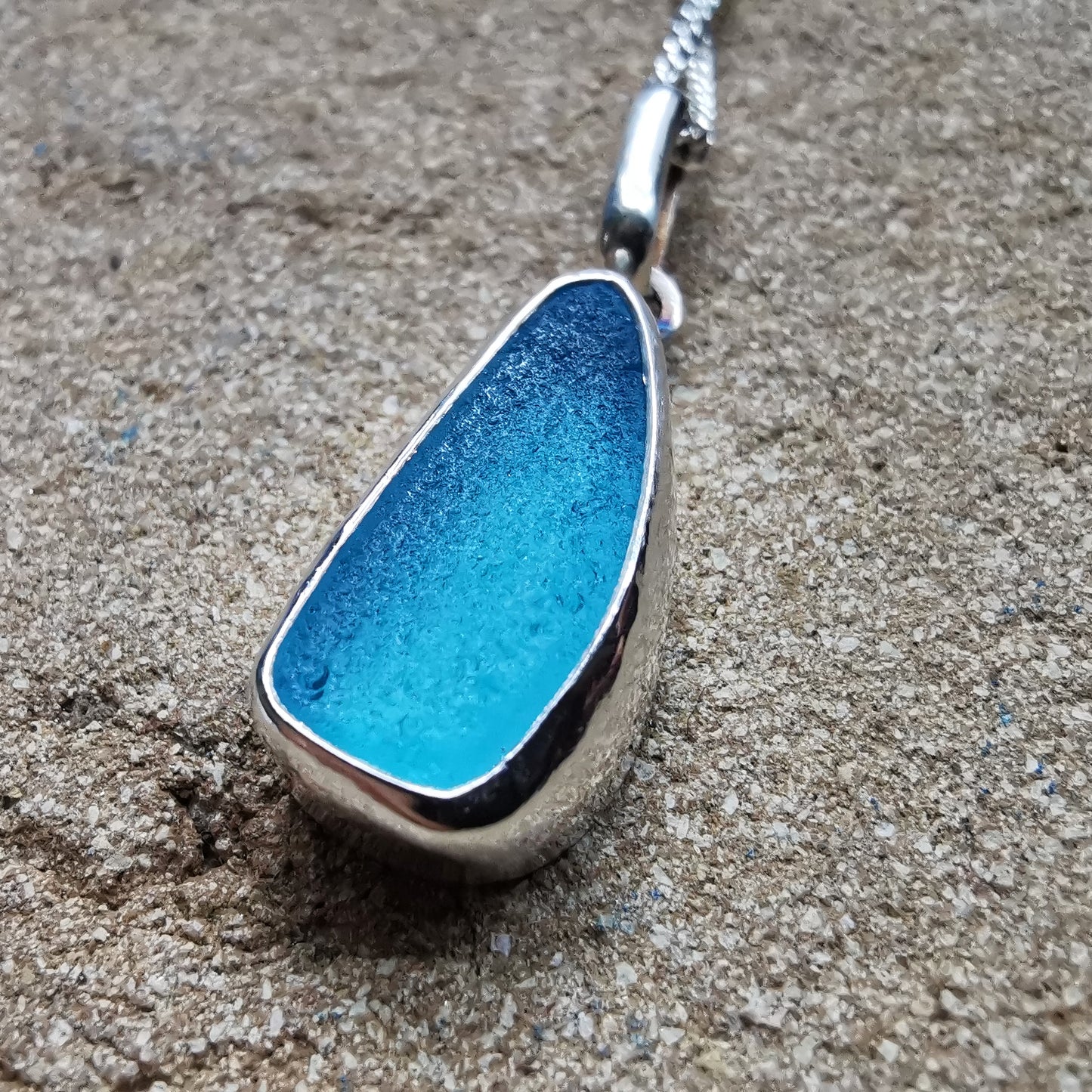 Scottish aqua blue sea glass & sterling silver pendant.