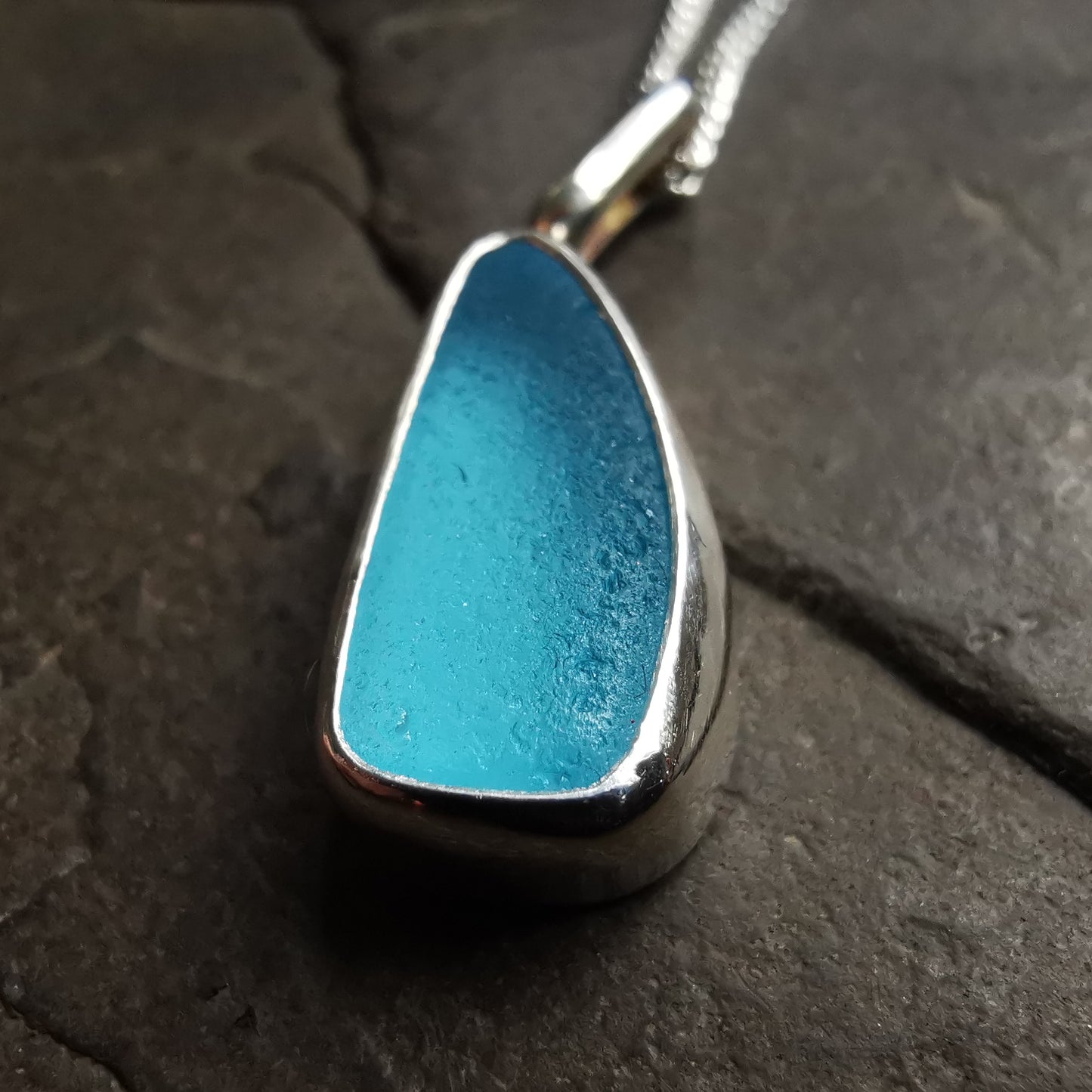 Scottish aqua blue sea glass & sterling silver pendant.