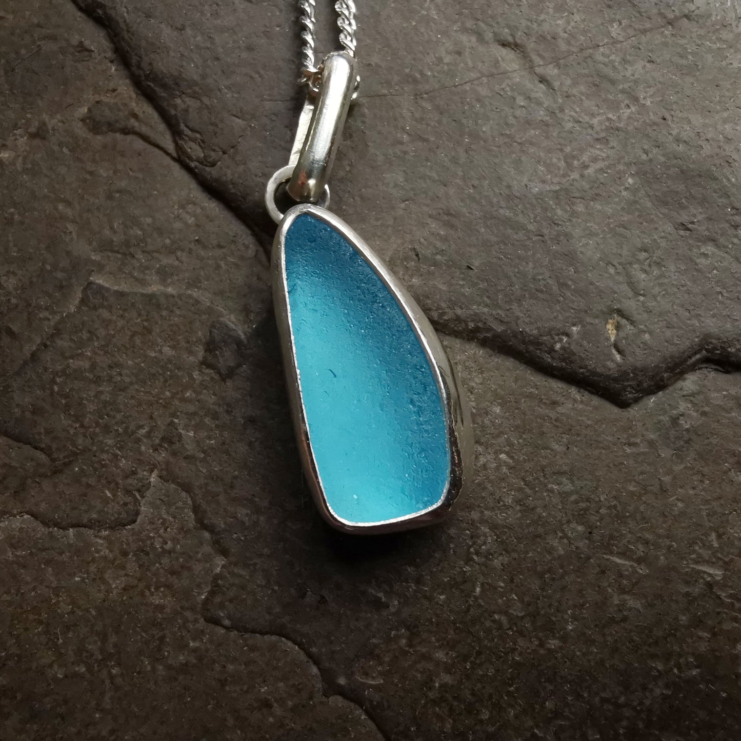 Scottish aqua blue sea glass & sterling silver pendant.