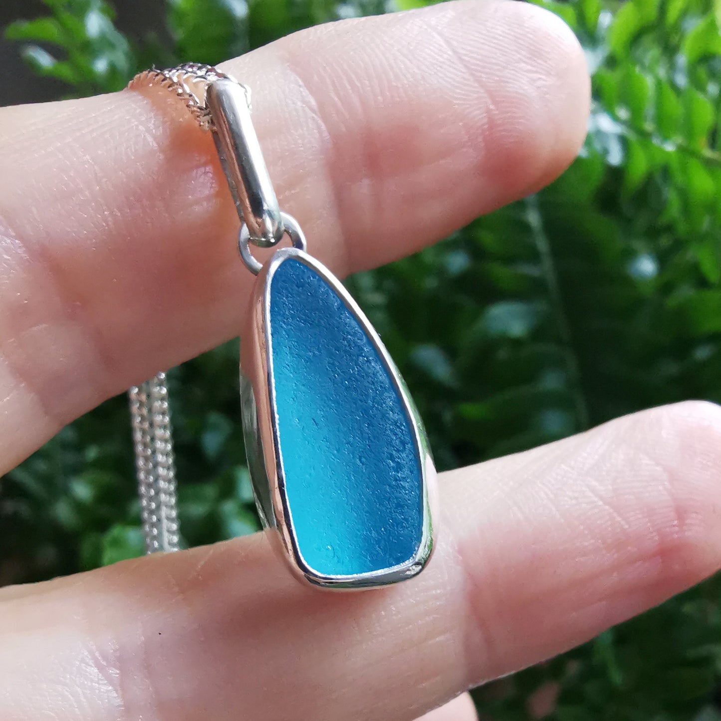 Scottish aqua blue sea glass & sterling silver pendant.