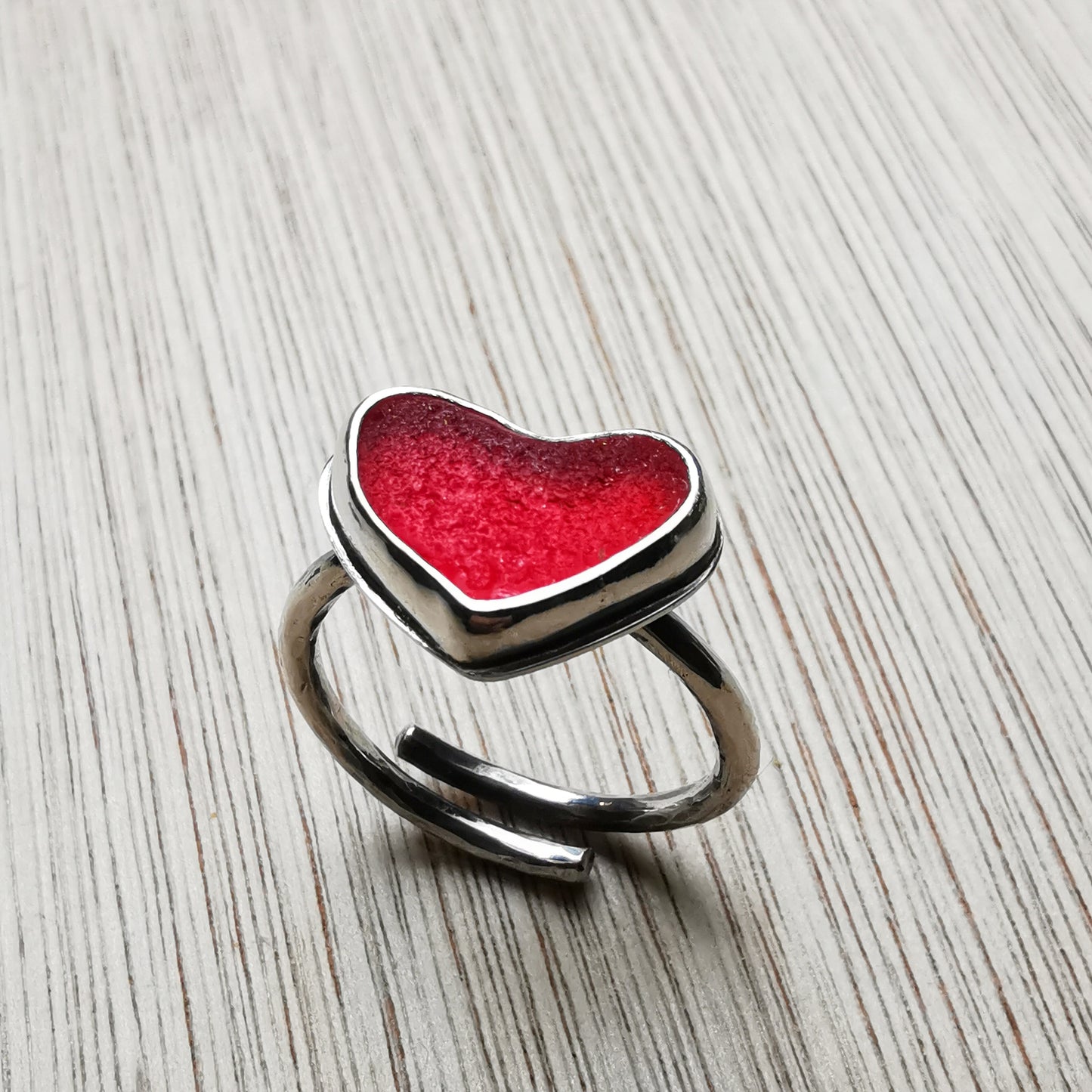 Red UV sea glass heart & sterling silver adjustable ring.