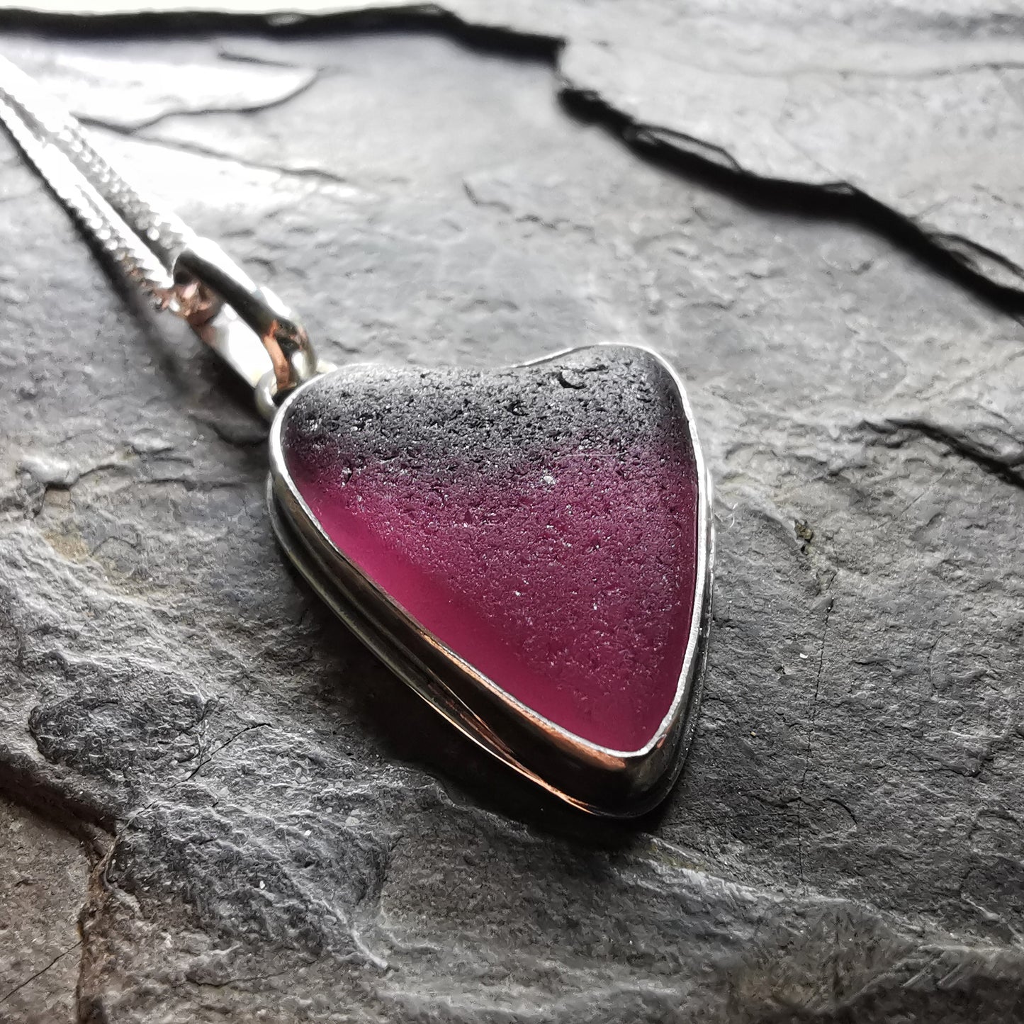 Scottish purple sea glass heart & sterling silver pendant.