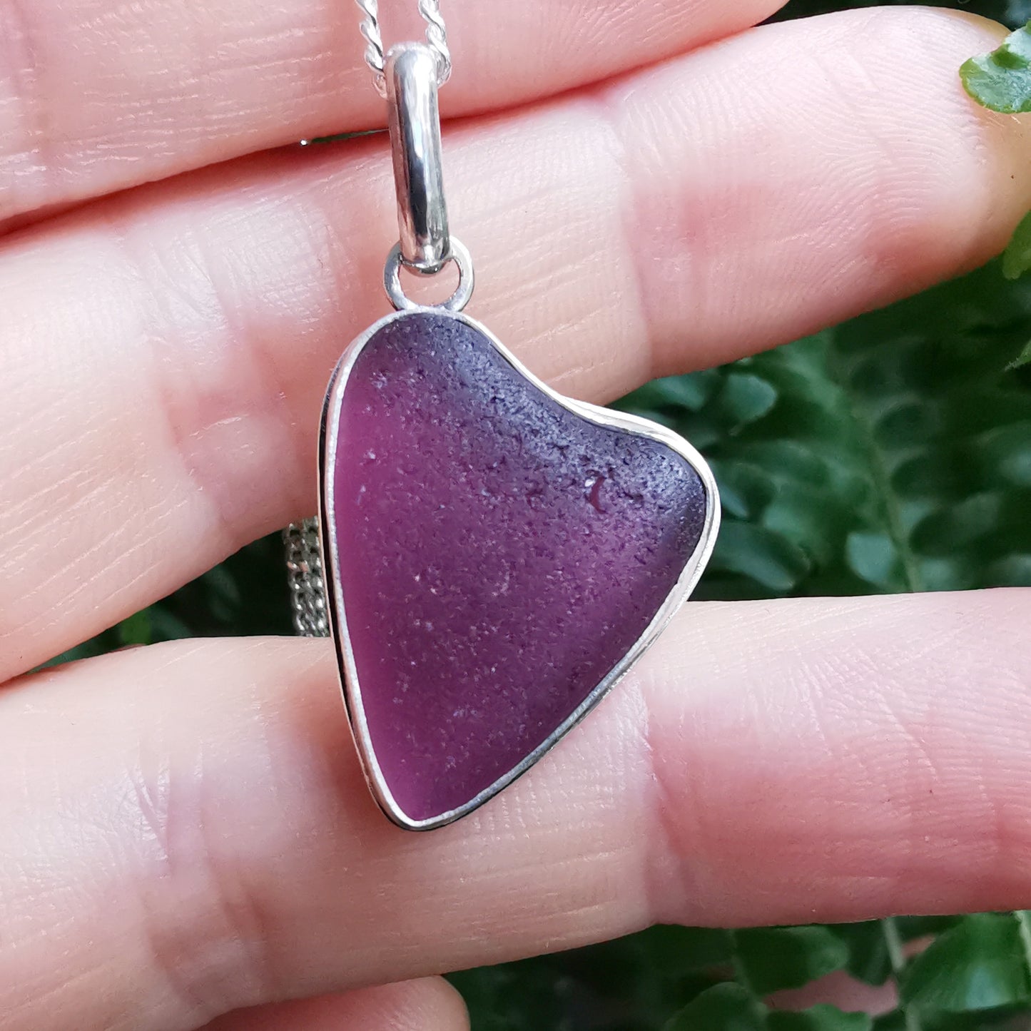Scottish purple sea glass heart & sterling silver pendant.