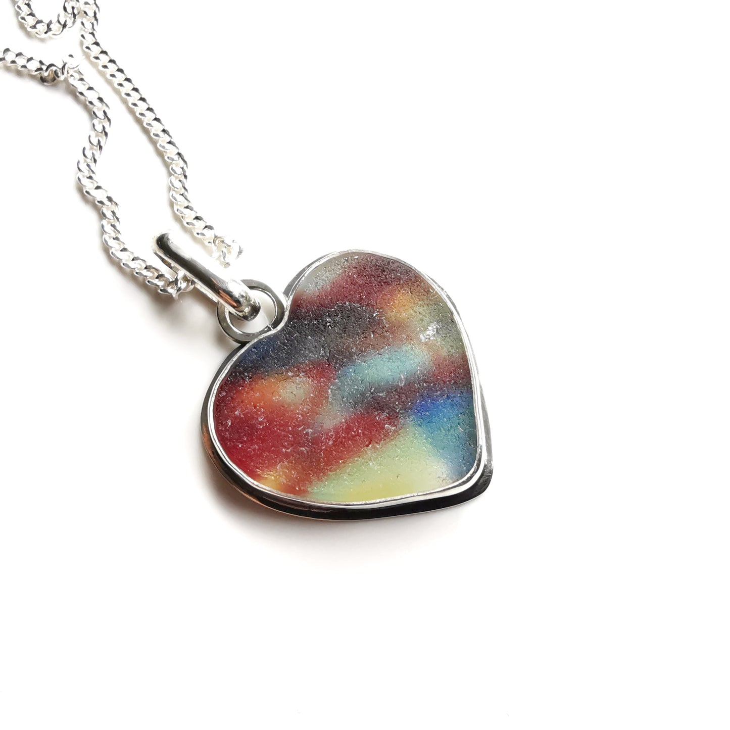 Scottish multi coloured sea glass heart & sterling silver pendant.